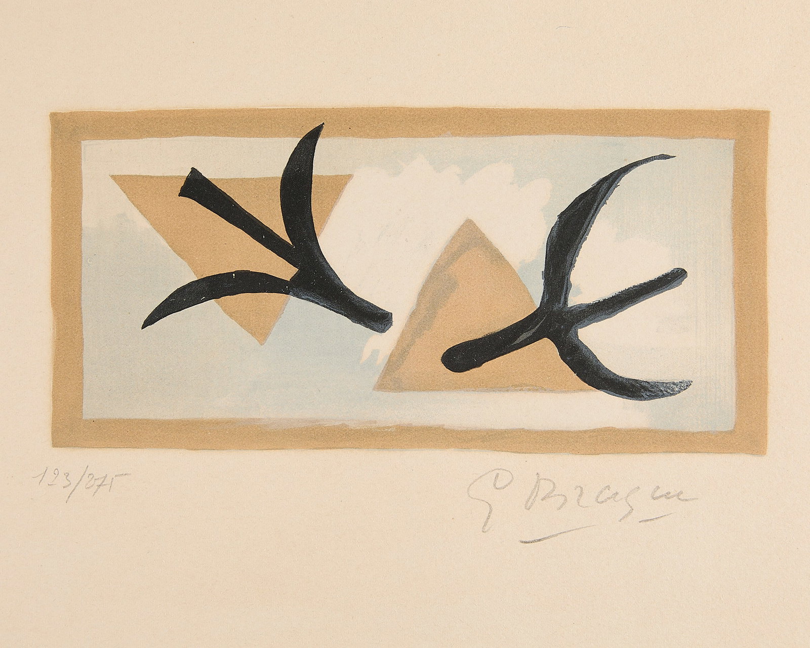 Georges Braque "Les Martinets" Lithograph: Georges Braque (French, 1882-1963). Lithograph print on paper titled "Les Martinets" (Common Swifts), circa 1955. Depicting two stylized black birds set against muted, triangular shapes and a cloudy b