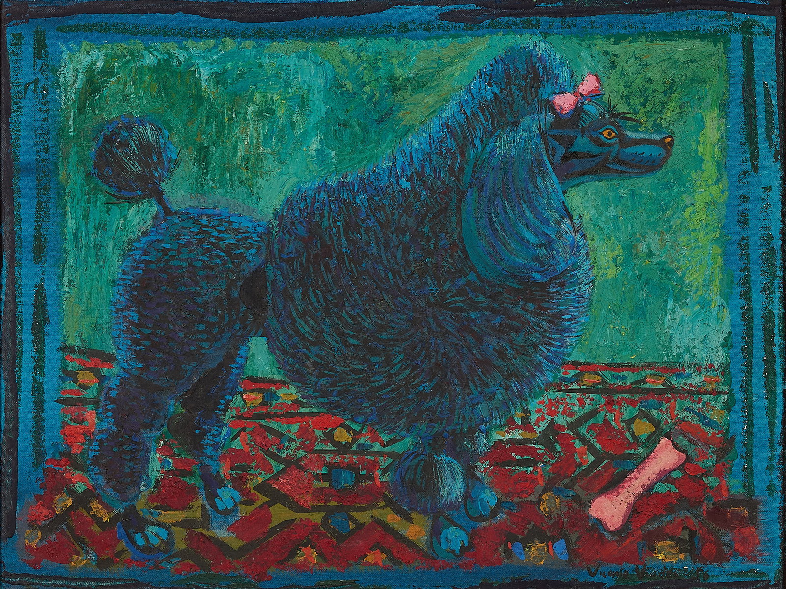 Vicente Viudes Black Poodle Oil Painting 1956: Vicente Viudes (Spanish, 1916-1984). Oil on board painting depicting a black poodle with a pink bow along its head, 1956. Standing atop a vibrant, geometric rug. Signed and dated along the lower