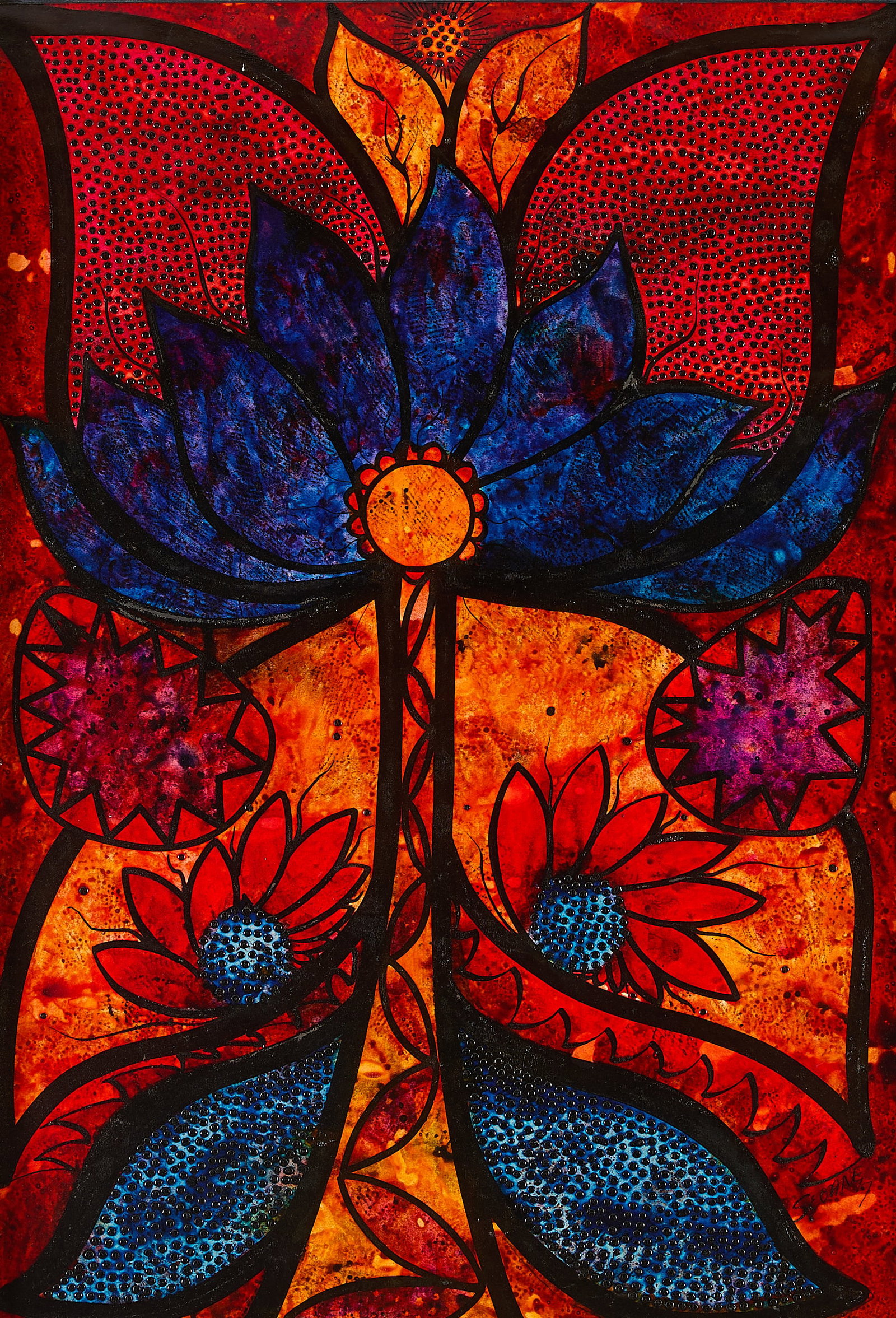 Luis Seoane "Armenias" Floral Painting: Luis Seoane (Argentine, 1910-1979). Mixed media on board titled "Armenias" depicting an abstracted flower in red and blue. Signed along the lower right; titled along the verso. Sight; height: 39 in x