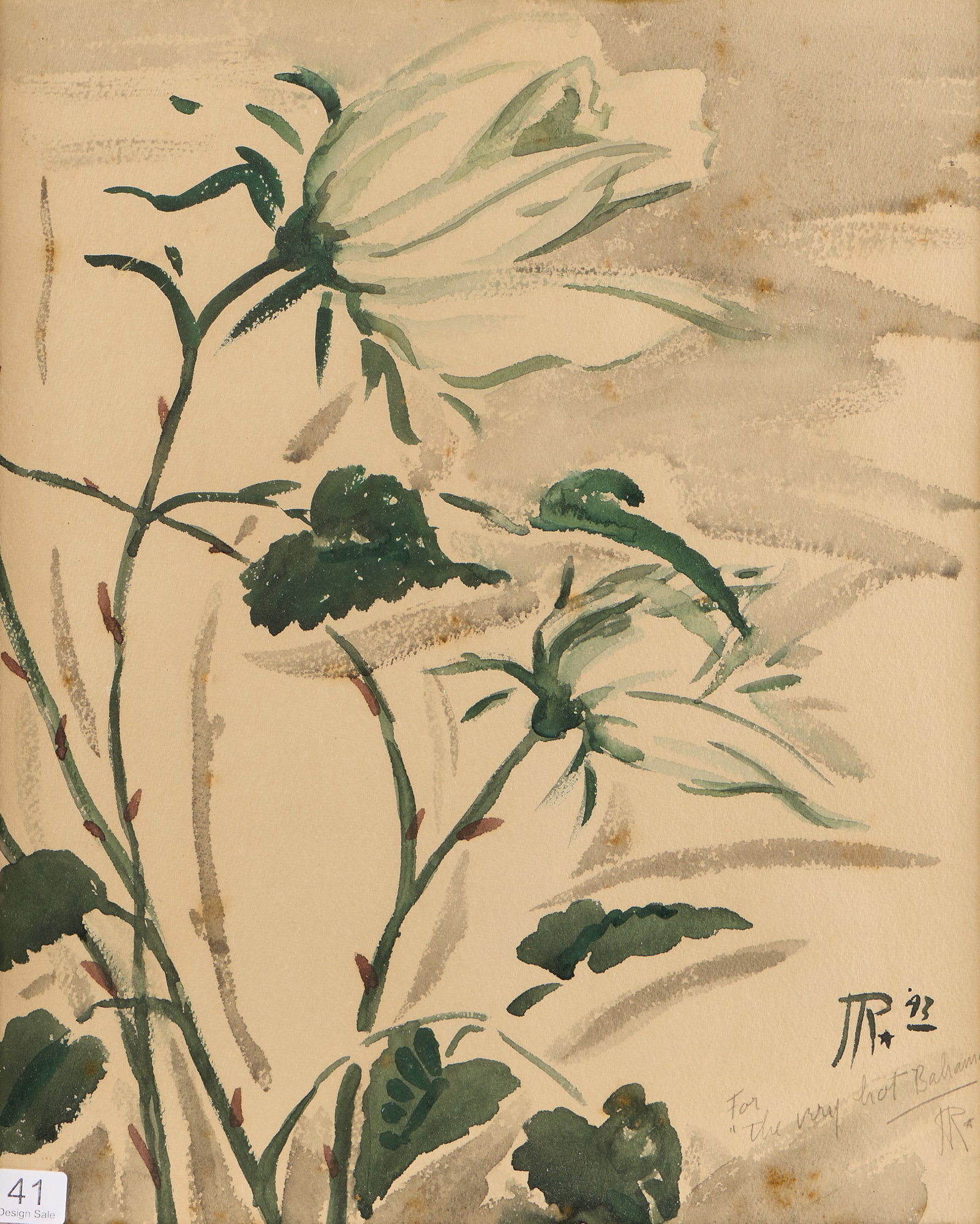 Signed Floral Watercolor Painting 1943: Watercolor on paper painting depicting elegant floral motifs, 1943. Initialed "JR" and dated along the lower right; further pencil initialed and inscribed "For the very hot Bahamas" along the lower ri