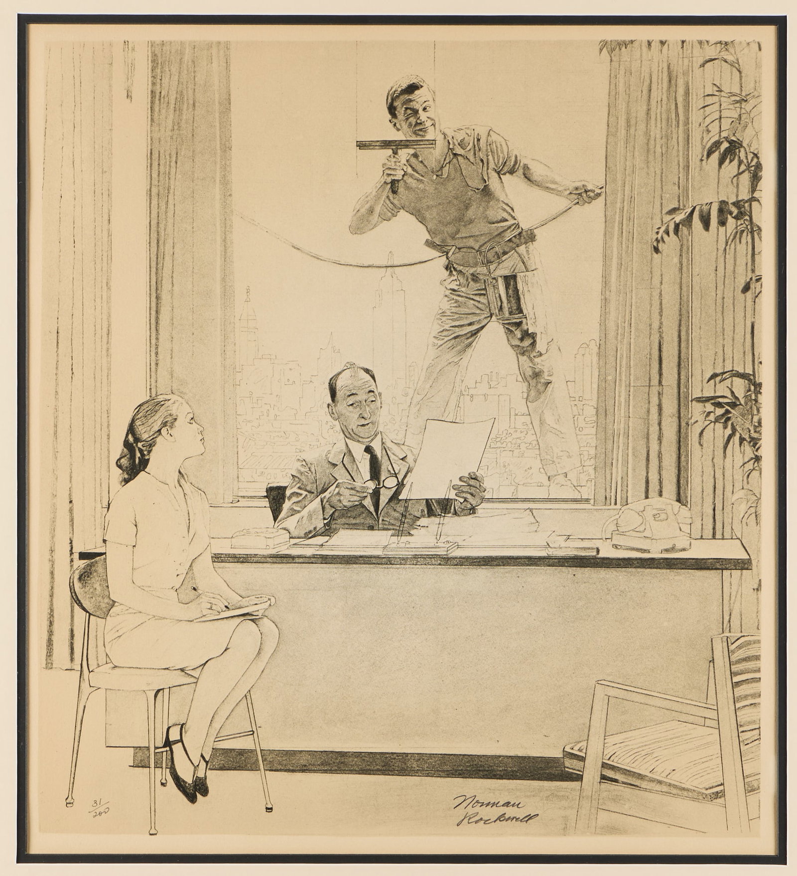 Norman Rockwell "Window Washer" Lithograph: Norman Rockwell (American, 1894-1978). Lithograph on paper print titled "Window Washer," depicting a cheeky young man peering into an office. Pencil signed along the lower right quadrant and