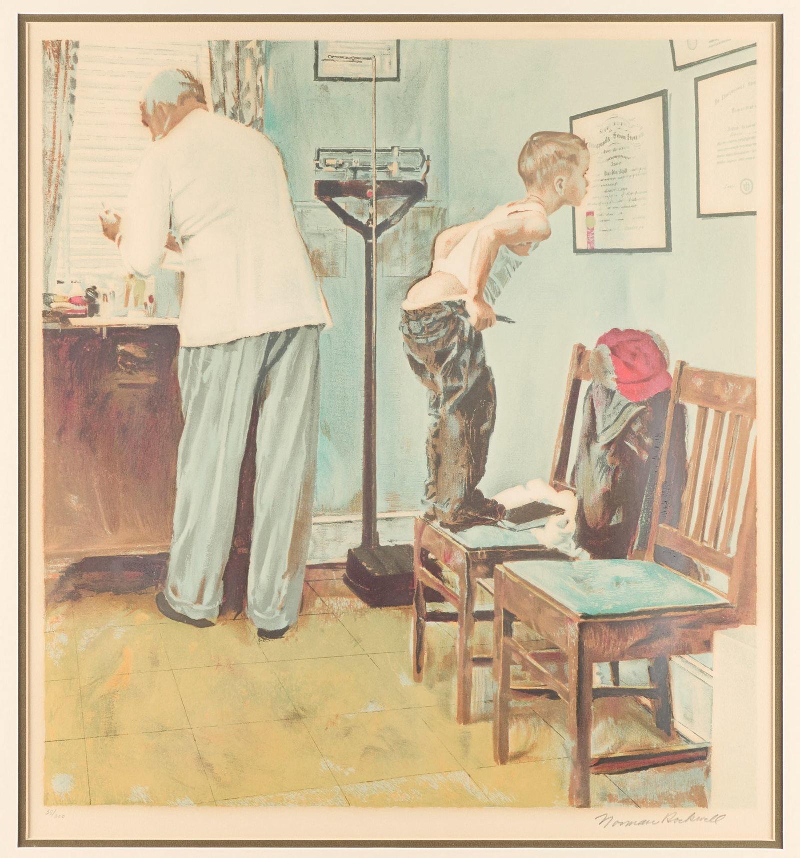 Norman Rockwell "Before the Shot" Lithograph: Norman Rockwell (American, 1894-1978). Lithograph print on paper titled "Before the Shot," depicting a young boy at the doctor's office. Pencil signed along the lower right and editioned 28/200 along 