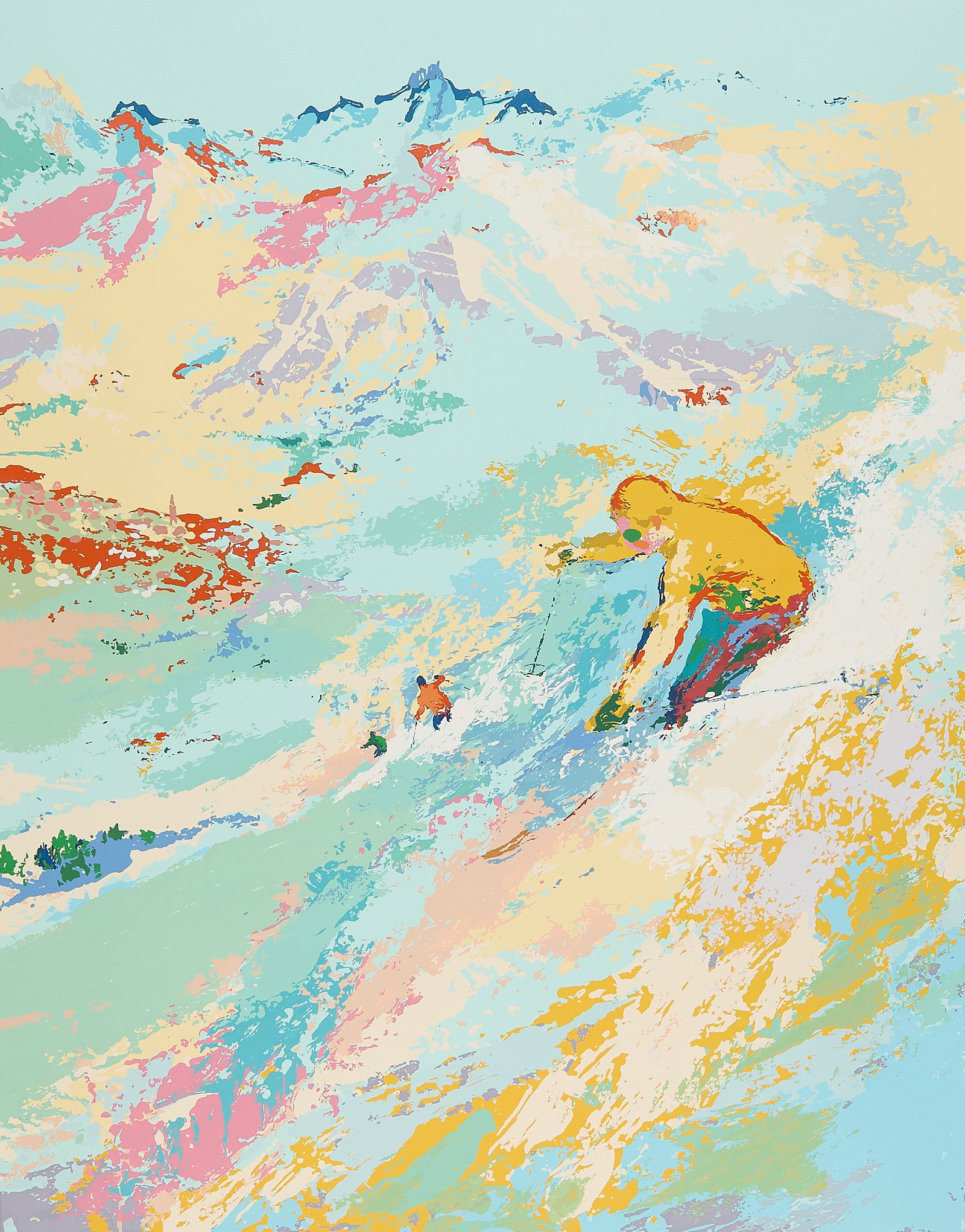 LeRoy Neiman "Alpine Skiing" Lithograph Print: LeRoy Neiman (American, 1921-2012). Lithograph print on paper titled "Alpine Skiing," depicting dynamic figures racing down a snowy mountainside. Pencil signed along the lower right and editioned