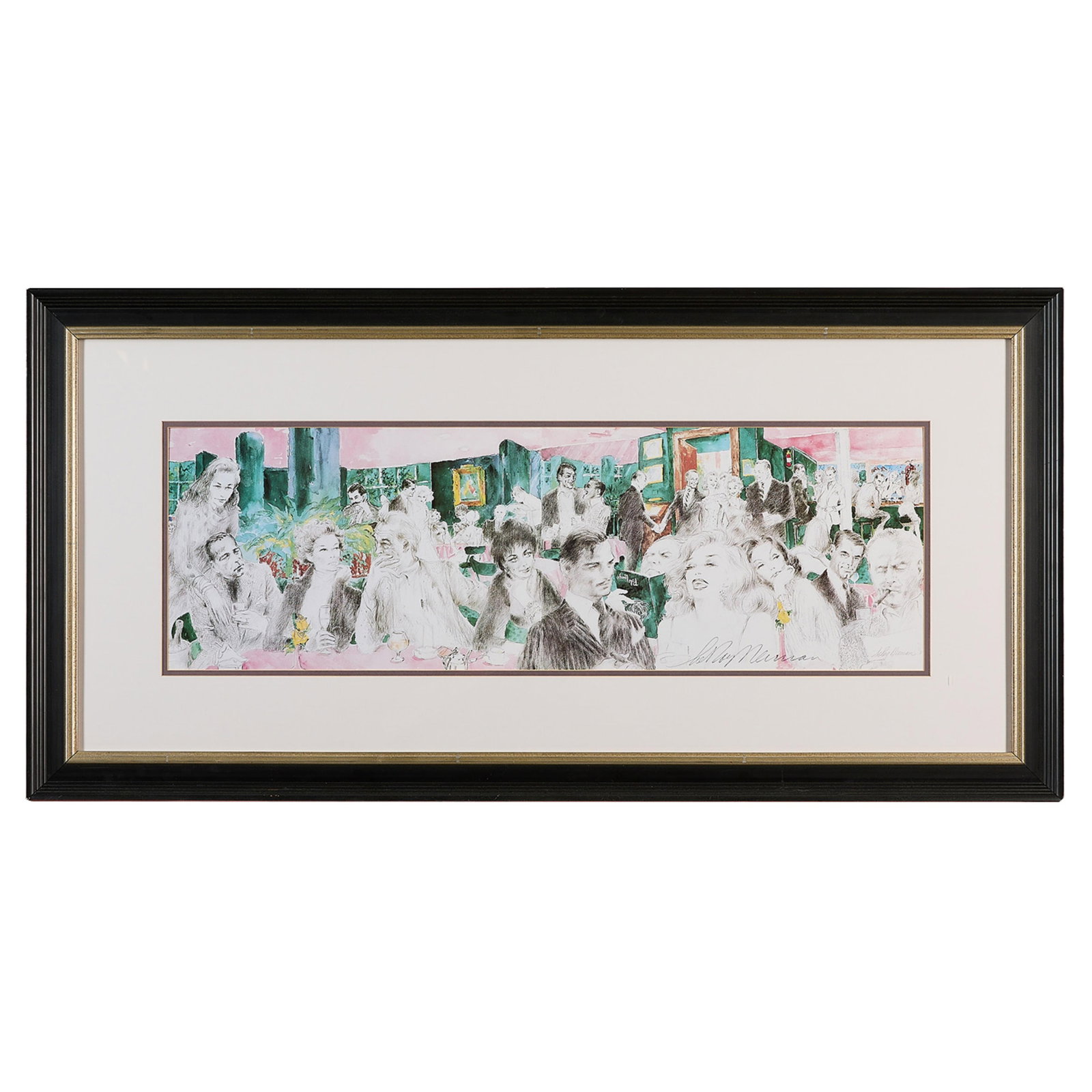 LeRoy Neiman "Polo Lounge" Lithograph 1988: LeRoy Neiman (American, 1921-2012). Lithograph print on paper titled "Polo Lounge," 1988. With a label affixed along the verso listing the figures featured in the work, including Gregory Peck, Joan