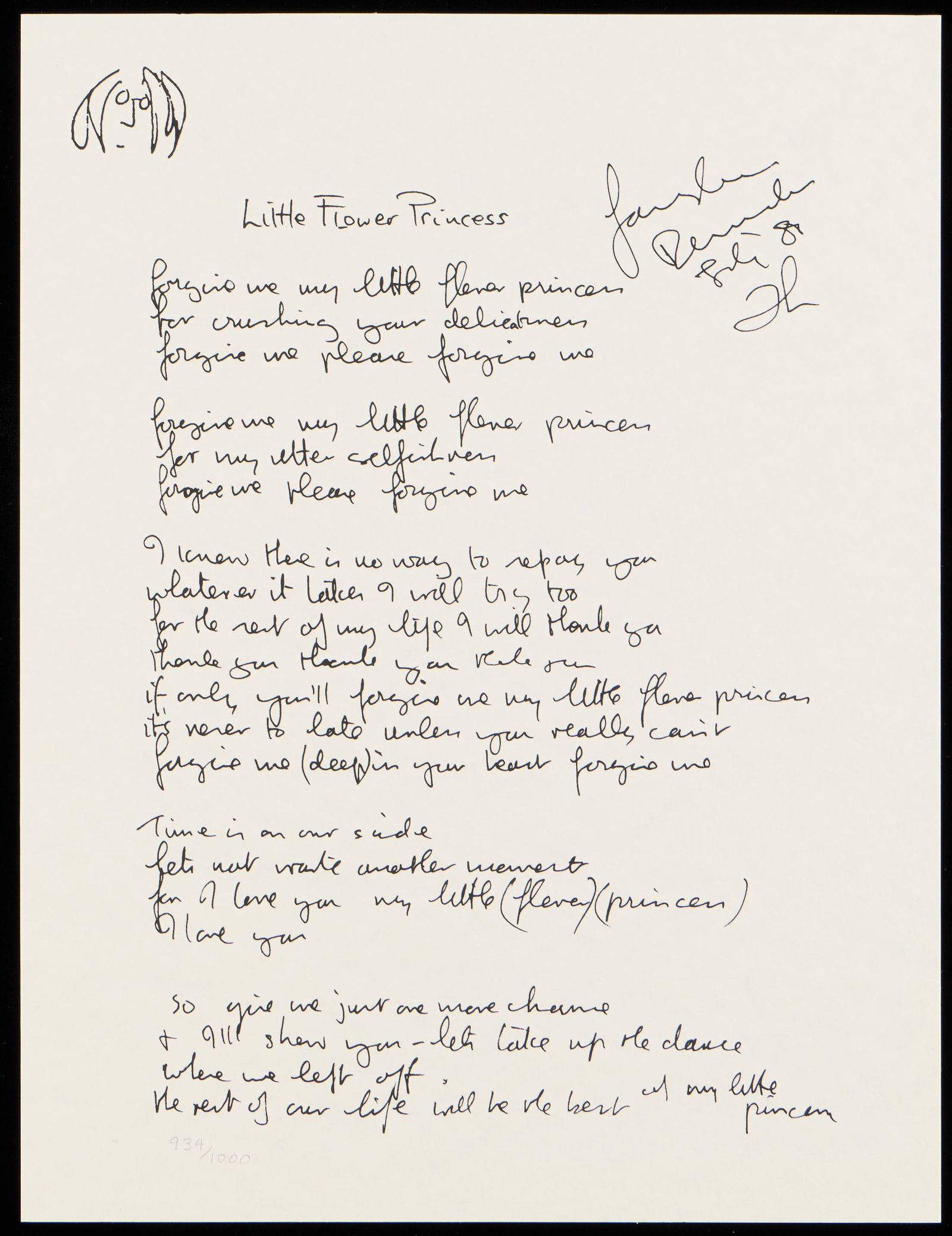 John Lennon "Little Flower Princess" Silkscreen: Silkscreen on paper print of John Lennon's handwritten lyrics for the song "Little Flower Princess," published 1995. Signed in plate along the upper right. Pencil editioned 934/1000 along the lower