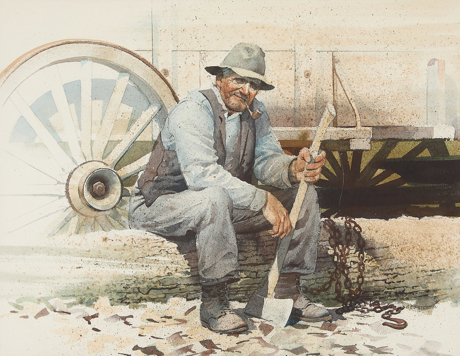 C.L. Peterson "The Woodcutter" Watercolor: Charles L. Peterson (American, 1927-2022). Watercolor and sepia ink painting on paper depicting a woodcutter taking a moments rest from work while seated along a log with his axe in hand, 1980.