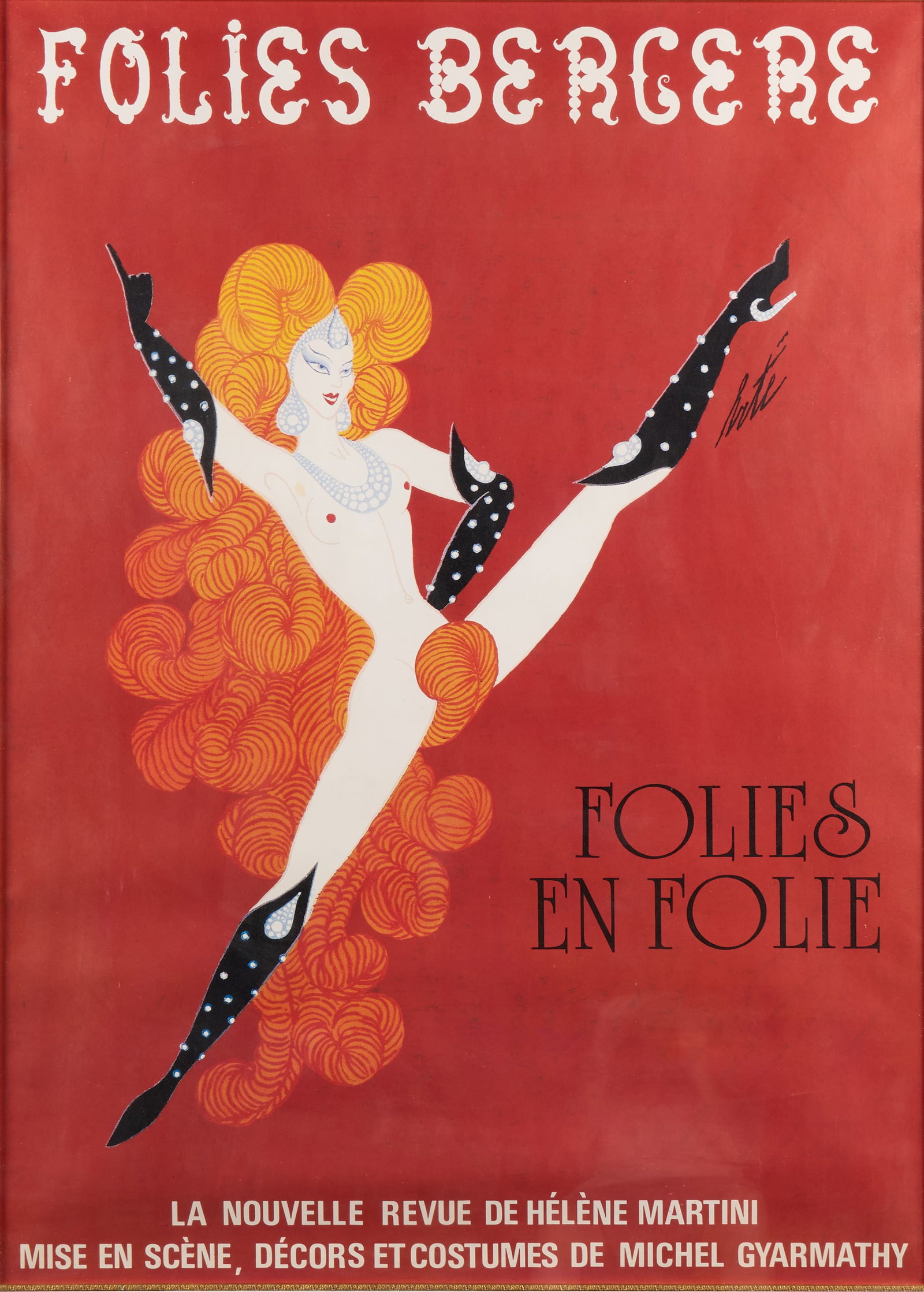 Erte "Folies Bergere" Offset Lithograph Poster: Erte (Romain de Tirtoff) (French/Russian, 1892-1990). Offset lithograph promotional poster on paper titled "Folies Bergere" for the Folies en Folie show held at the Folies Bergere cabaret in Paris, Fr