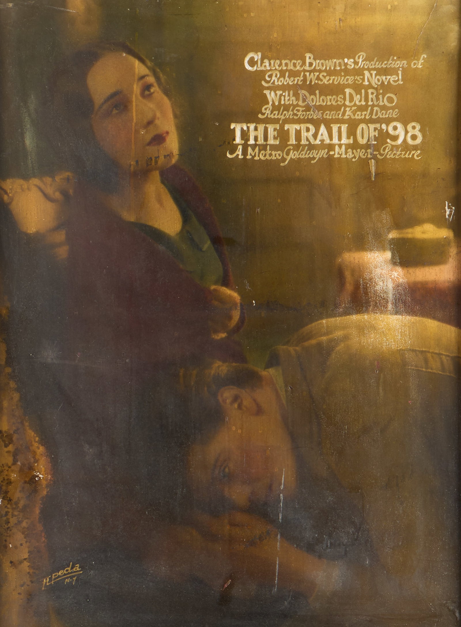 Vtg "The Trail of '98" Oil Painted Movie Poster: Vintage oil on paper-laid board advertising billboard poster for the movie "The Trail of '98," 1928. With toned labels from the American Railway Express and the Theatrical Advertising Matter Railway E