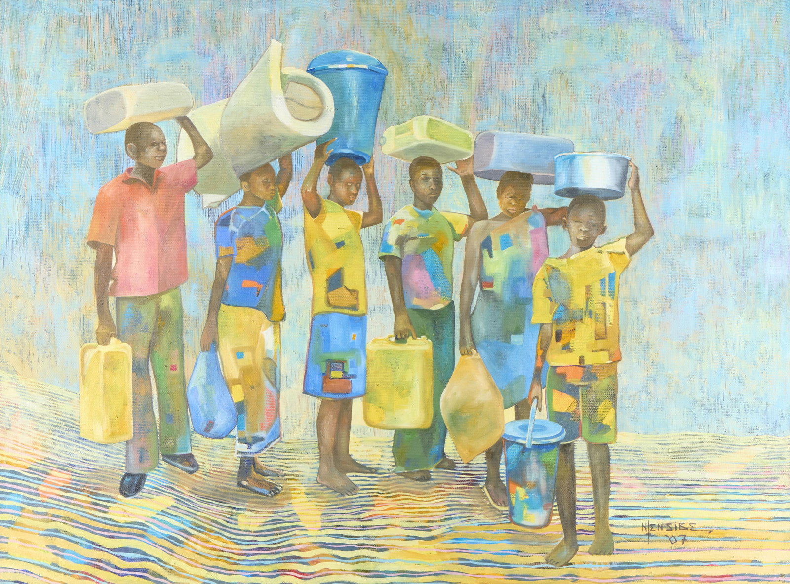 Joseph Ntensibe "The Gulu Walk" Painting 2007: Joseph Ntensibe (Ugandan, b. 1953). Acrylic on canvas painting titled "The Gulu Walk," 2007. Depicting six figures holding items on their heads and at their sides. Signed and dated along the lower rig
