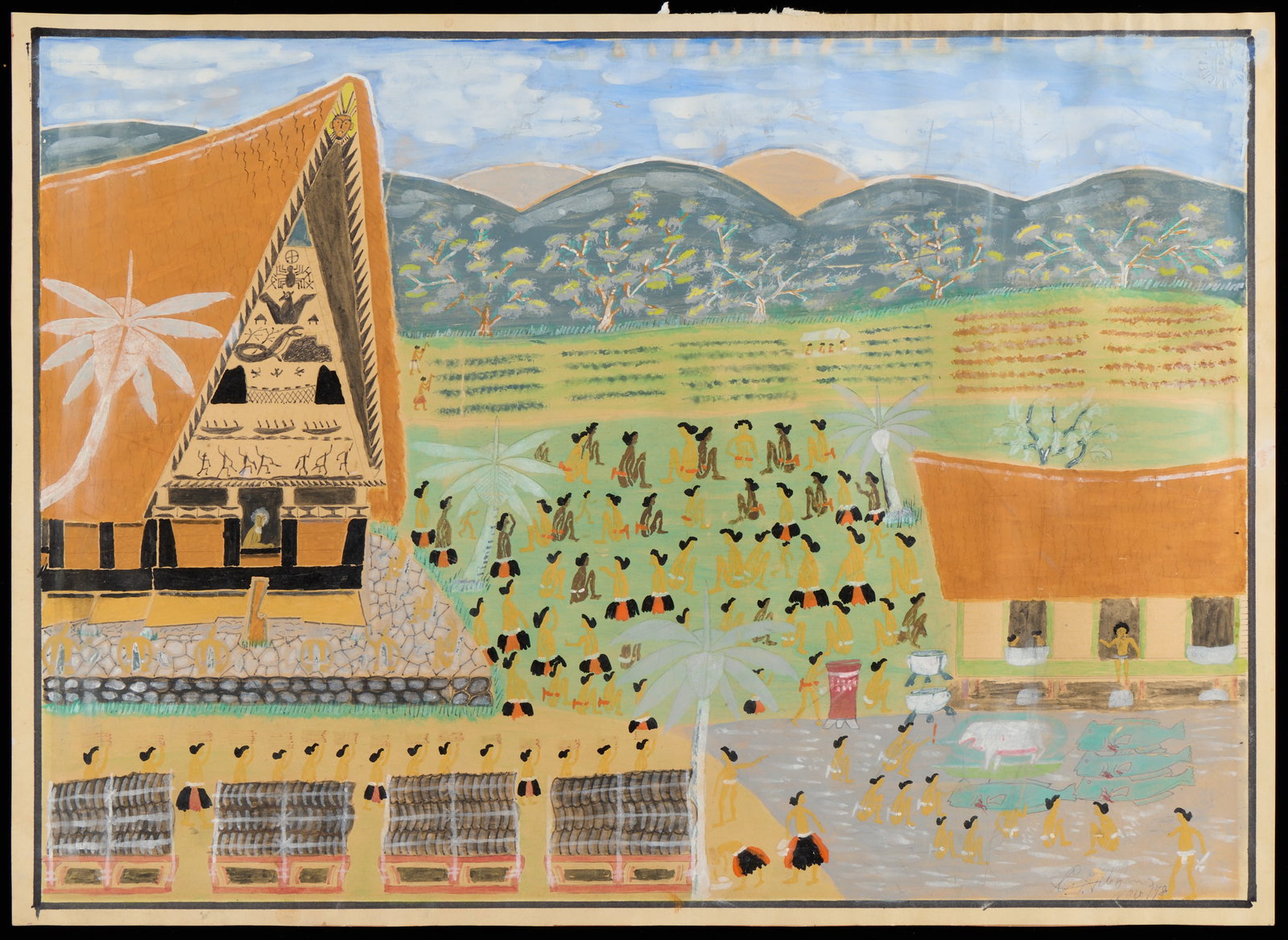 Rechucher Charlie Gibbons Watercolor Painting 1978: Rechucher Charlie Gibbons (Palauan, 1894-1988). Watercolor folk art painting on paper depicting a detailed Western Pacific island village, 1978. Pencil signed and dated along the lower right. Blindsta