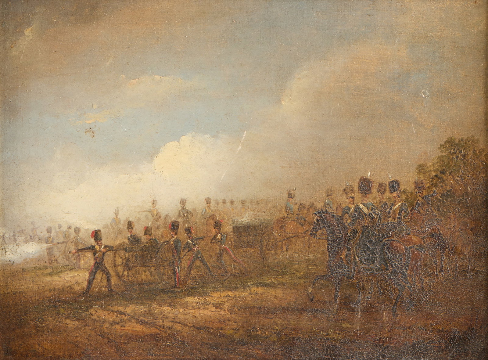 Dramatic Battle Landscape Oil Painting: Oil on board painting depicting a battlefront military scene, possibly portraying combat from the Napoleonic Wars. Unframed; height: 12 in x width: 16 in. Framed; height: 15 3/4 in x width: 19 3/4 in 