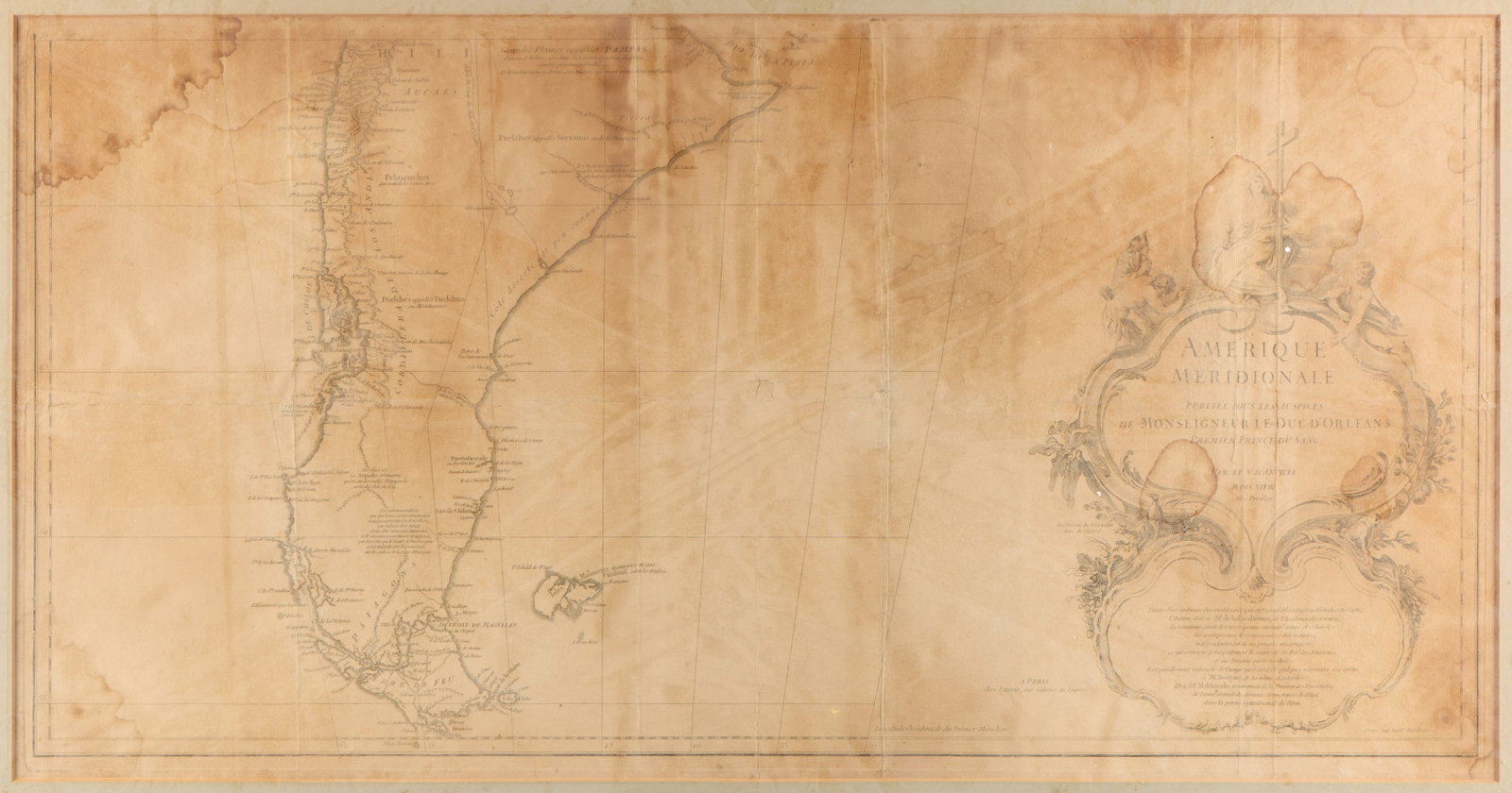 French "Amerique Meridionale" Map 1748: French map titled "Amerique Meridionale," depicting the southern portion of South America, 1748. Published under the orders of Phillipe II, the Duke of Orleans. Provenance: Nye & Company Auctions, "Di