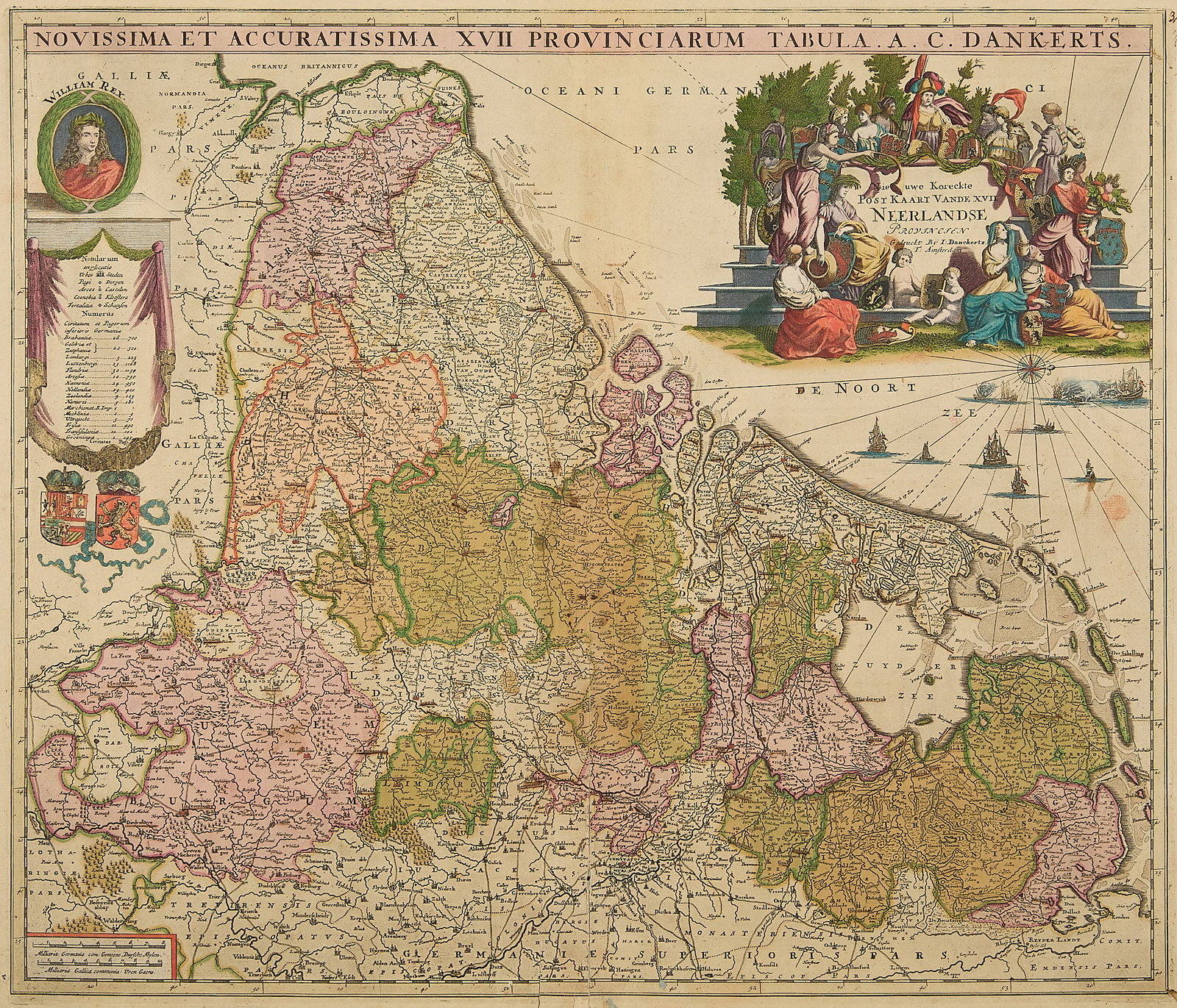 Antique Hand Colored Netherlands Provinces Map: Hand-colored map depicting the 17 provinces of the Low Countries, modern Netherlands and Belgium, 17th century. Dated in plate along the upper right. Provenance: Luther Auctions, "Fine Art, Mid-Centur