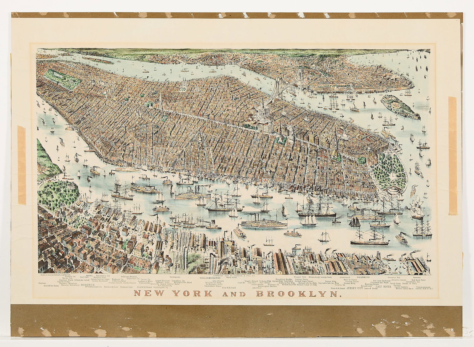 Currier & Ives "New York and Brooklyn" Lithograph: Charles Parsons (American, 1821-1910) and Lyman Atwater (American, 1835-1891) for Currier and Ives, United States. Hand-colored lithograph titled "New York and Brooklyn," depicting an aerial panoramic