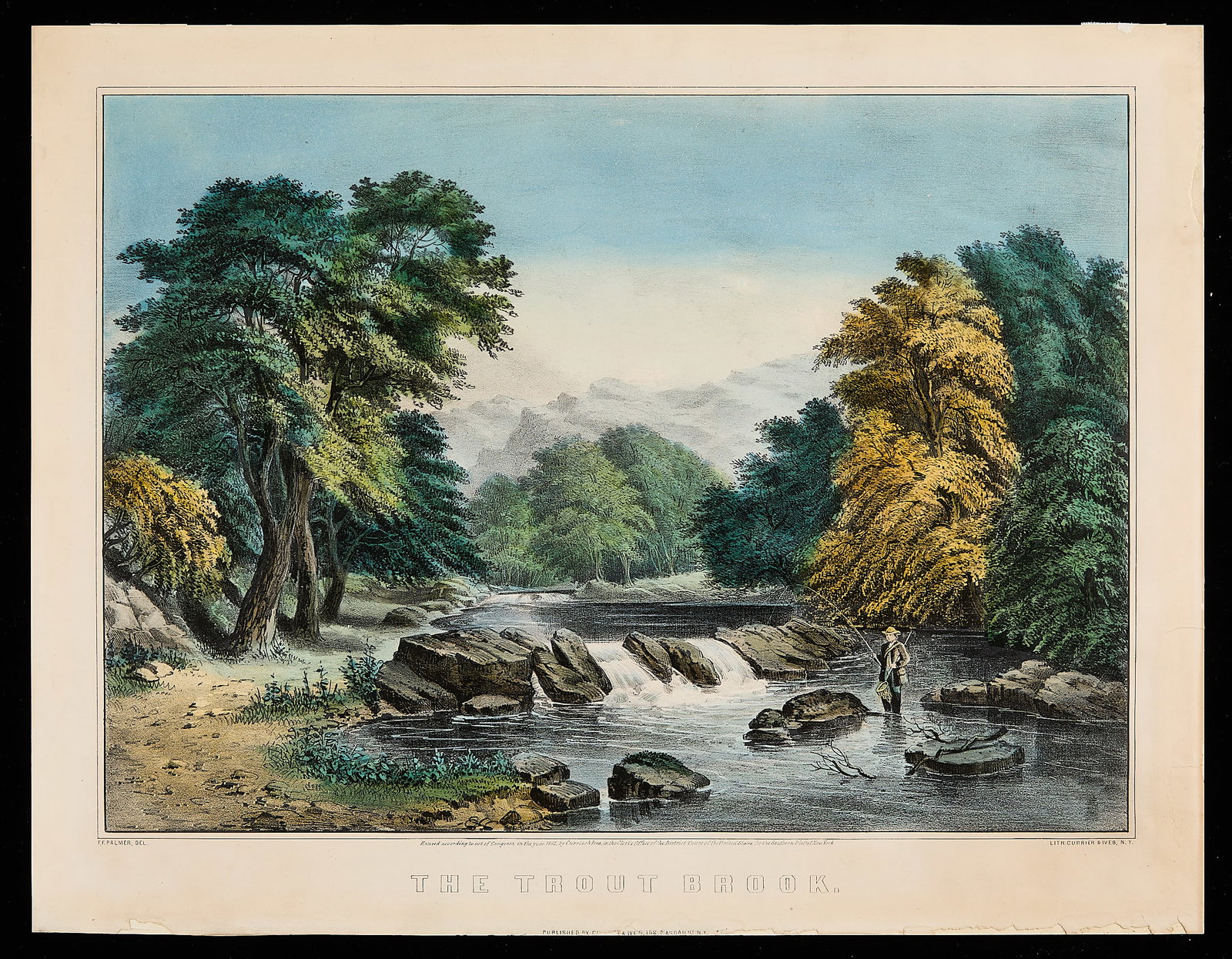 Currier & Ives "The Trout Brook" Lithograph: Frances "Fanny" Flora Bond Palmer (American, 1812-1876) for Currier & Ives, United States. Hand-colored lithograph titled "The Trout Brook," a figure fishing in a creek along a lush forested landscape
