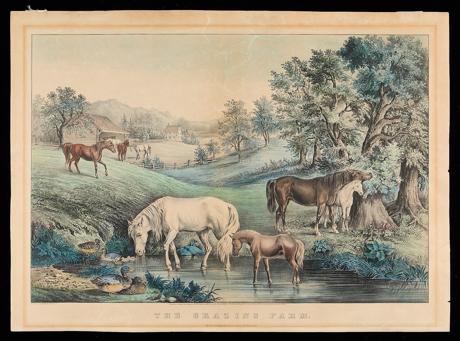 Currier & Ives "The Grazing Farm" Lithograph: Currier and Ives, United States. Hand-colored lithograph titled "The Grazing Farm," depicting horses and foals scattered amongst a lush pastoral landscape, 1867. Literature: Gale Research Company, "Cu