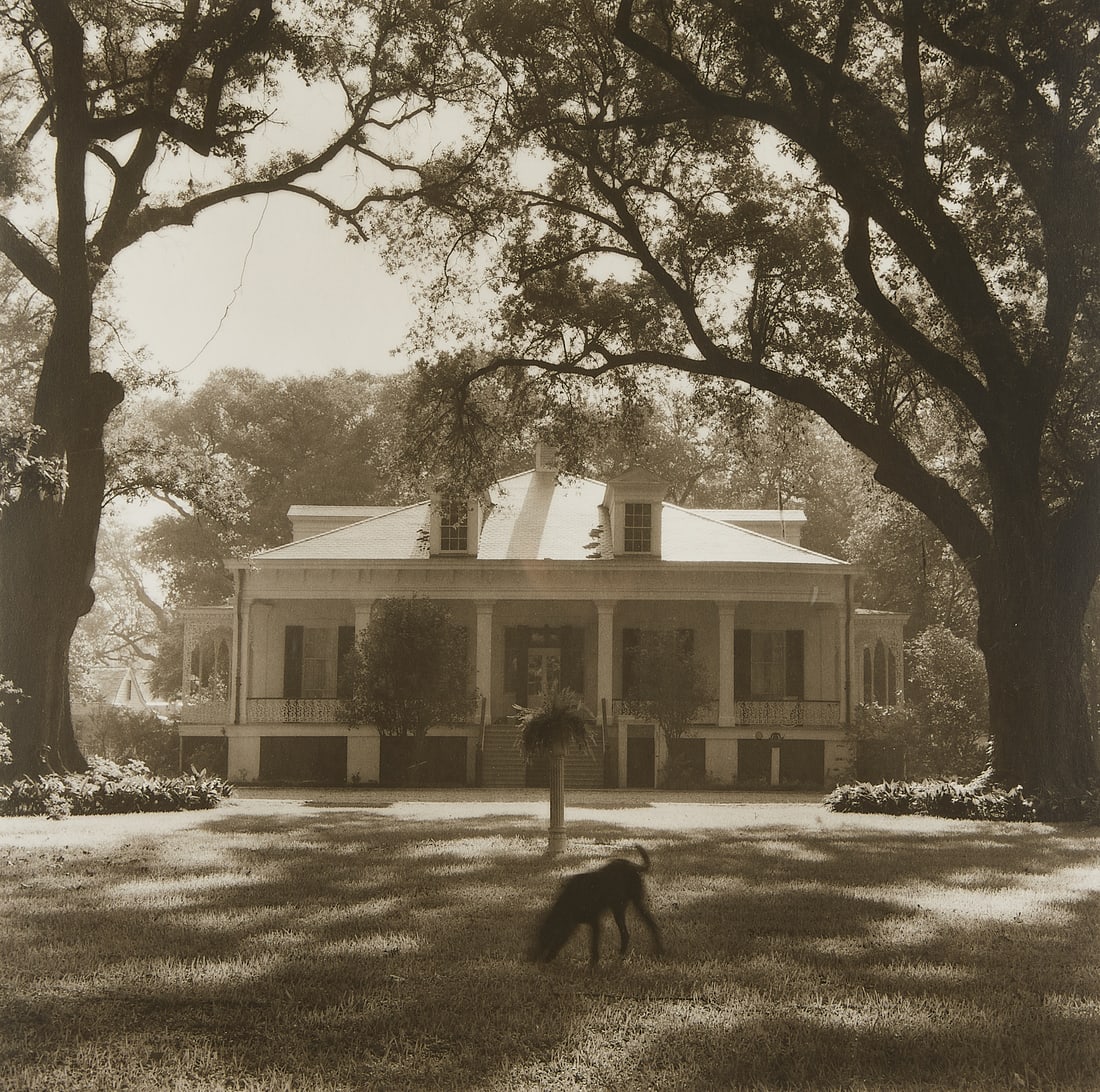 Lynn Geesaman B&W Tezuco Plantation Photograph: Lynn Geesaman (American, 1938-2020). Black and white photograph depicting the front facade of the historic Tezuco Plantation in Louisiana. Sight; height: 15 in x width: 15 in. Framed; height: 23 1/2 i