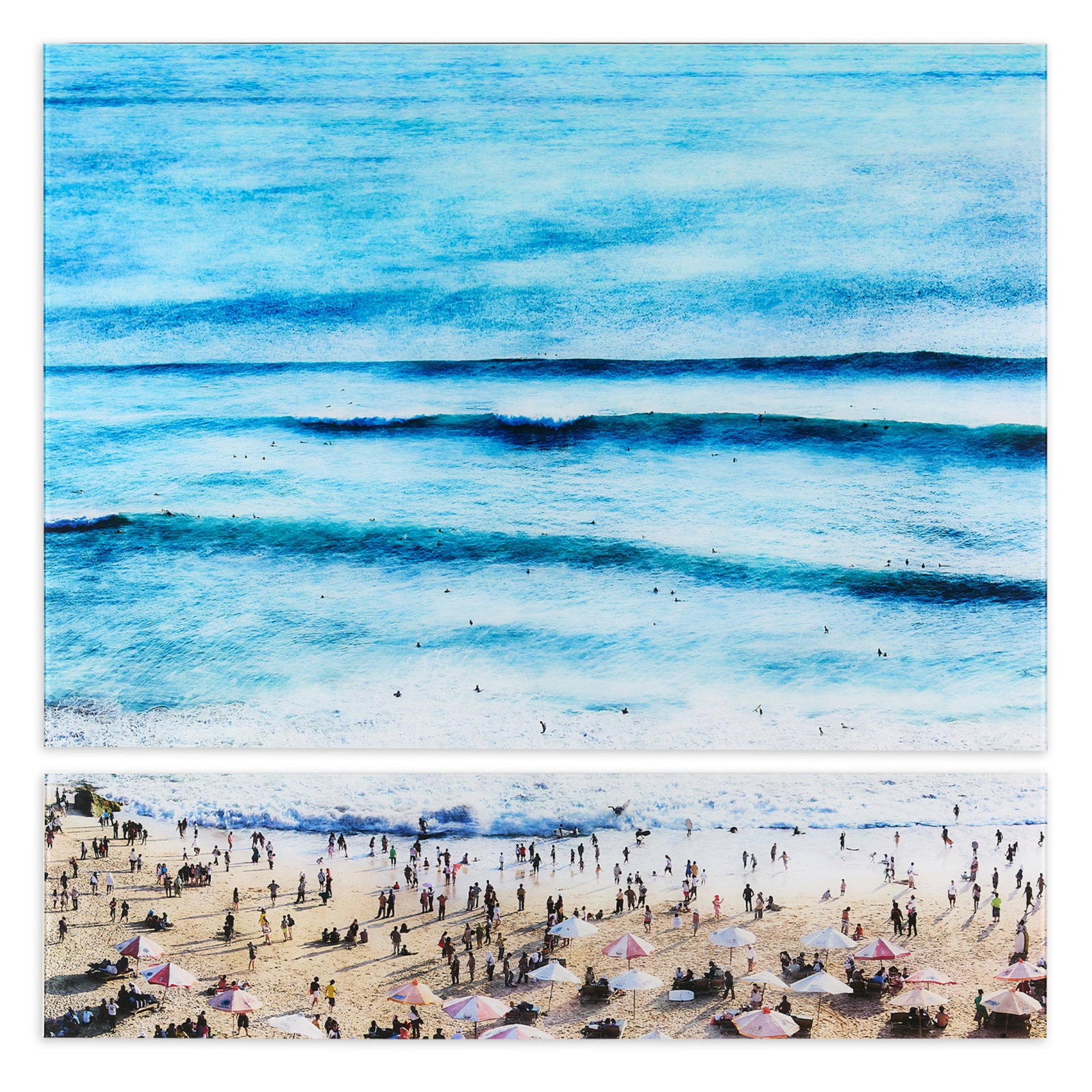 Sangbin IM "People - Bali 2" Diptych Photographs: Sangbin Im (Korean, b. 1976). Lambda print diptych titled "People - Bali 2," 2011. One photograph depicts a crowded beach, speckled with people and their umbrellas. The other image shows a vast ocean 