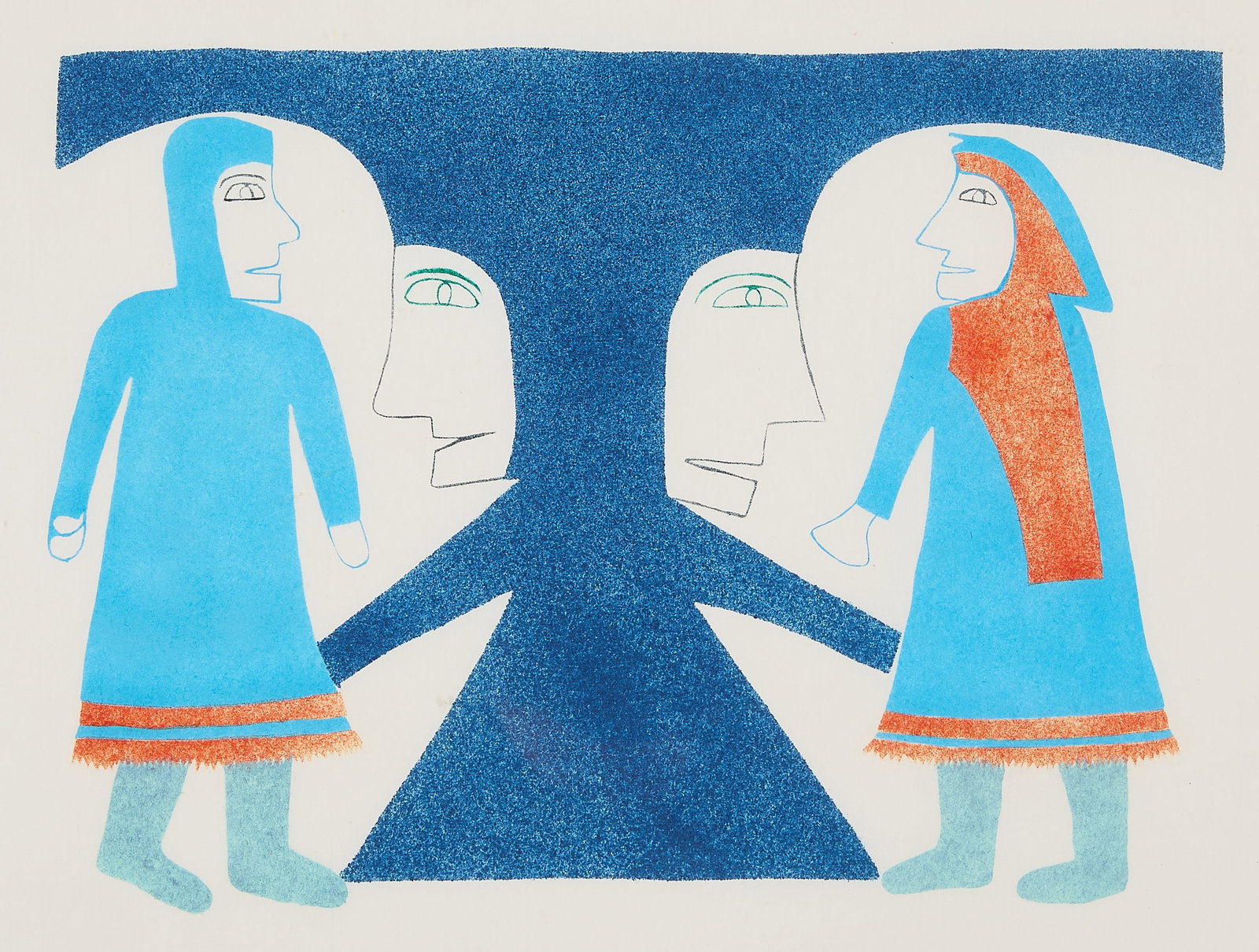 Jessie Oonark "The Loving Couple" Stencil 1980: Jessie Oonark (Inuit (Qamani’tuaq - Baker Lake), 1906-1985). Stencil print on paper titled "The Loving Couple," 1980. Featuring stylized figures in traditional parkas with detailed fringing in