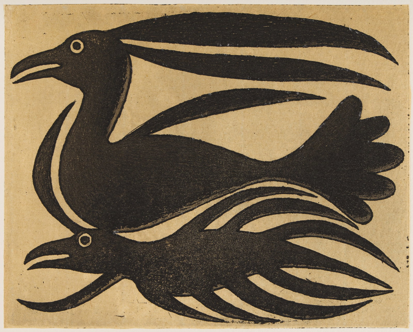 Kenojuak Ashevak "Magic Ravens" Chine-Colle: Kenojuak Ashevak (Inuit (Kinngait - Dorset), 1927-2013). Etching and chine-colle on paper titled "Magic Ravens," 2003. Depicting zoomorphic forms. Pencil signed in Roman script and syllabics, titled,