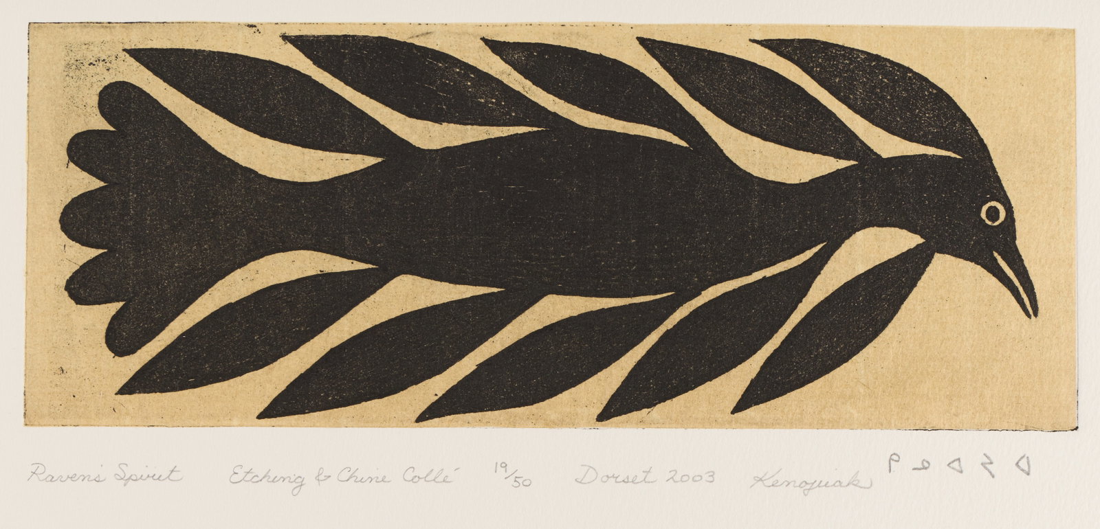 Kenojuak Ashevak "Raven's Spirit" Chine-Colle: Kenojuak Ashevak (Inuit (Kinngait - Dorset), 1927-2013). Etching and chine-colle on paper titled "Raven's Spirit," 2003. Depicting an abstract avian form. Pencil signed in Roman script and syllabics,