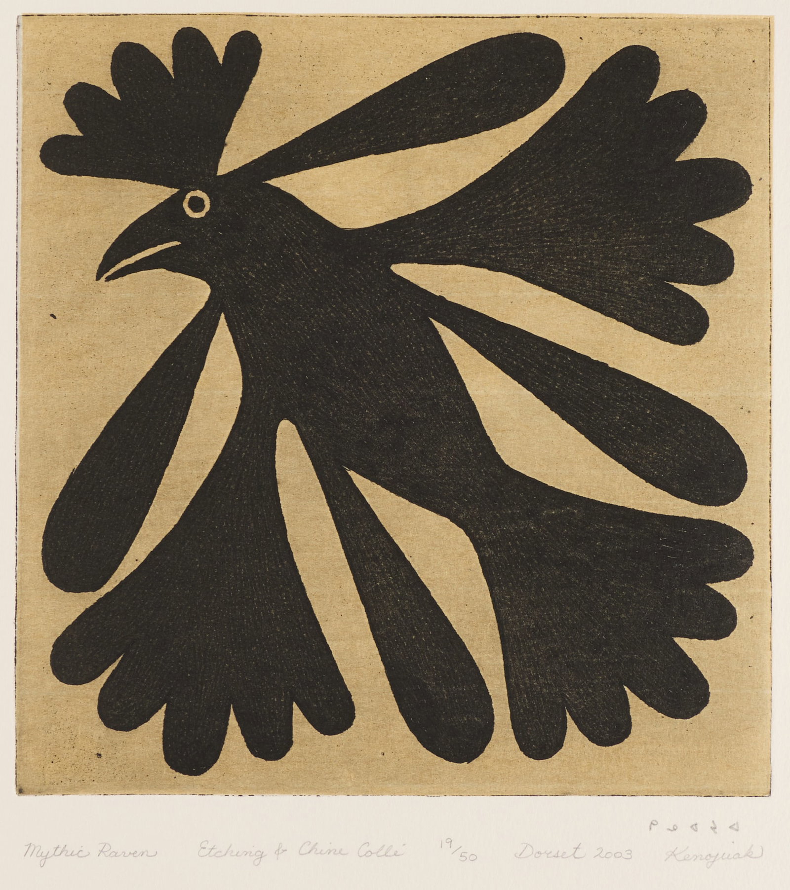 Kenojuak Ashevak "Mythic Raven" Chine-Colle: Kenojuak Ashevak (Inuit (Kinngait - Dorset), 1927-2013). Etching and chine-colle on paper titled "Mythic Raven," 2003. Depicting an abstract avian form. Pencil signed in Roman script and syllabics,