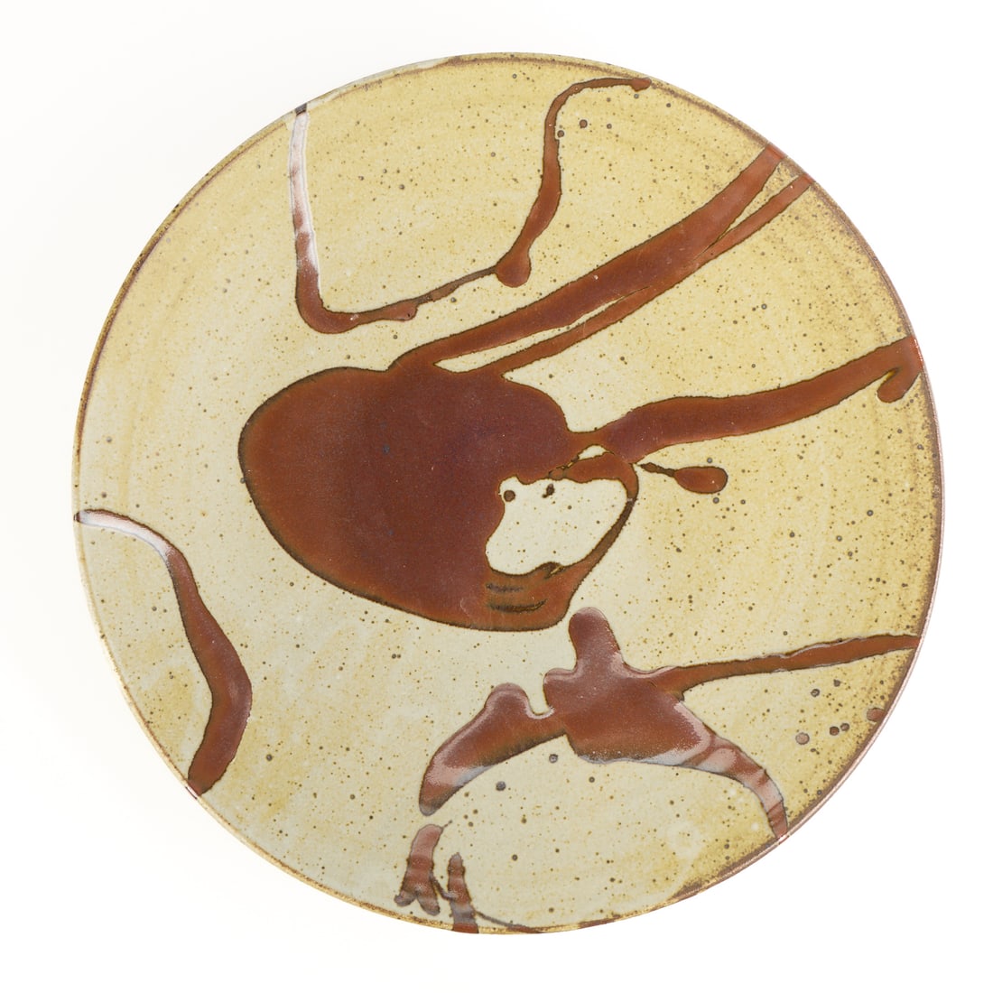 Lrg Warren MacKenzie Studio Pottery Platter: Warren MacKenzie (American, 1924-2018). Studio pottery ceramic platter or charger. Stoneware with slip-trailed shino glaze decoration. Warren MacKenzie was a renowned Minnesota studio potter. A