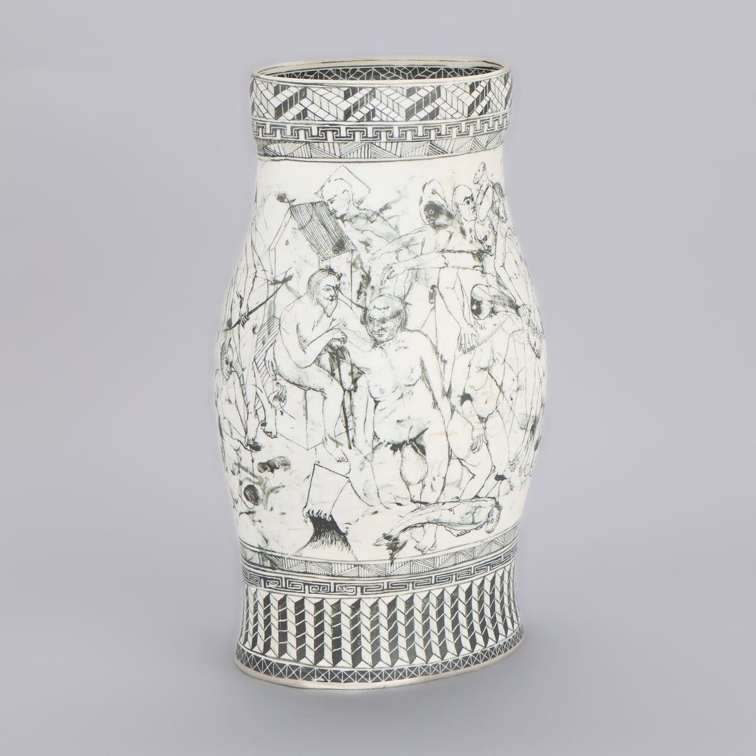 Edward Eberle "Aspects of Eros" Pottery Vase: Edward Eberle (American, b. 1944). Wheel-thrown studio pottery vase titled "Aspects of Eros, 20th century. Depicting erotic scenes executed in incised lines and black ink on white ground. Bordered by 