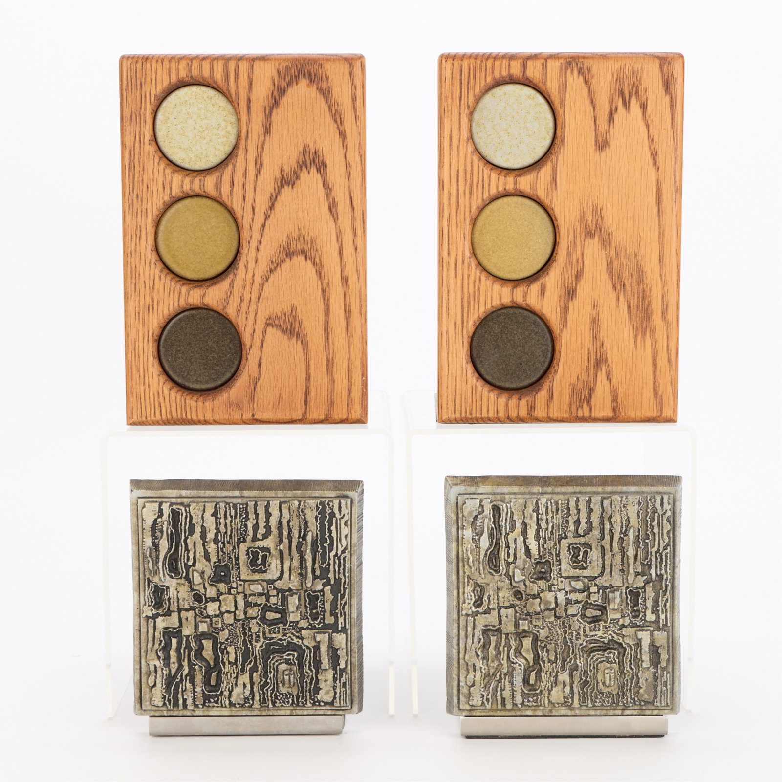 2 Pairs MCM Bookends - Martz & Paul Evans: Group of two sets of mid-century modern bookends. Including: Jane and Gordon Martz for Marshall Studios, United States. Pair of walnut and ceramic mosaic tile bookends, ca. 1970s. With Marshall Studio