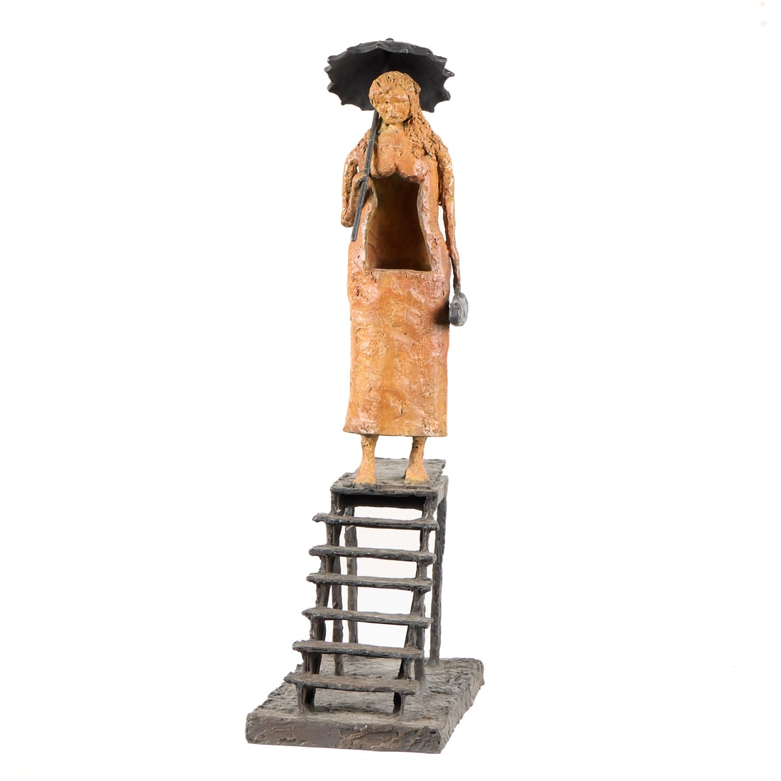 Eduardo Oropeza "Stairway of Illusions" Sculpture: Eduardo Oropeza (American, 1947-2003). Bronze sculpture titled "Escalera de Ilusiones (Stairway of Illusions)," ca. 1995. Depicting a female figure with an umbrella standing atop a set of stairs. Inci