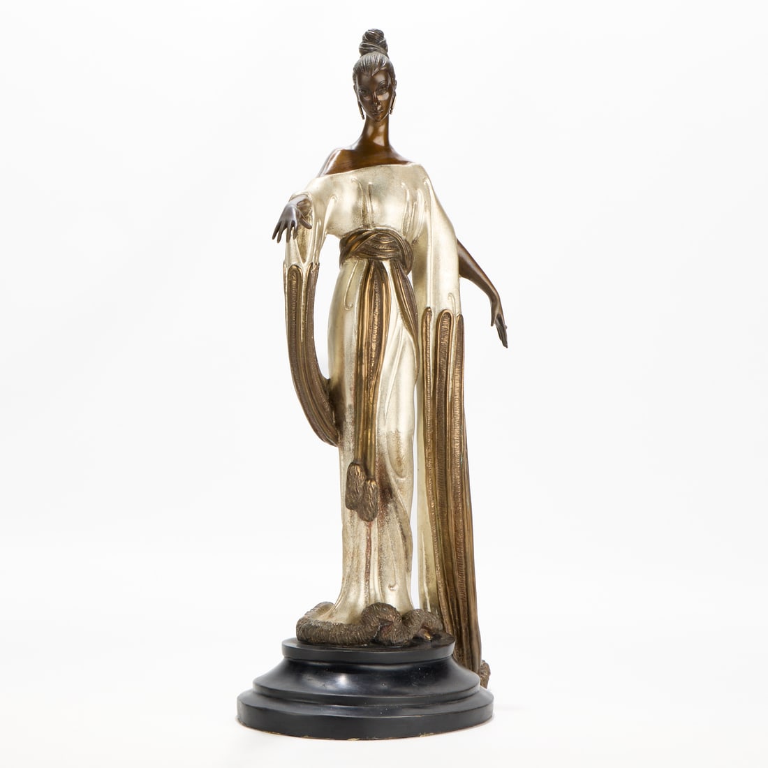 Erte "Negligee" Art Deco Bronze Sculpture 1984: Erte (Romain de Tirtoff) (French/Russian, 1892-1990). Bronze sculpture titled "Negligee," 1984. Depicting an Art Deco woman wearing an elegant, trailing dress. Incised signature along the base; furthe