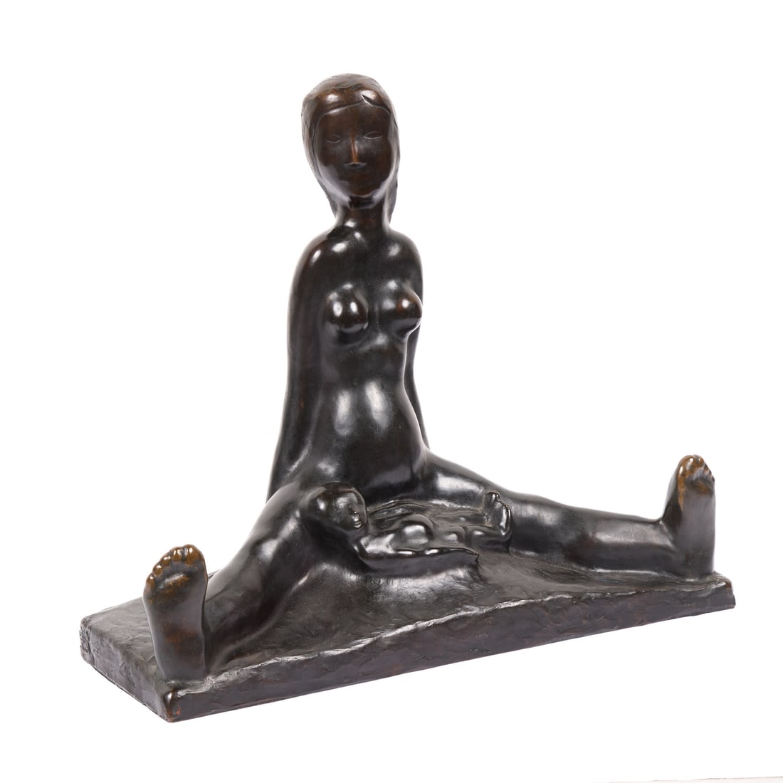 John B. Flannagan "Beginnings" Bronze Sculpture: John Bernard Flannagan (American, 1895-1942). Patinated bronze sculpture titled "Beginnings," circa 1930s. Depicting a nude female figure sitting upon the ground with her legs outspread, framing a new