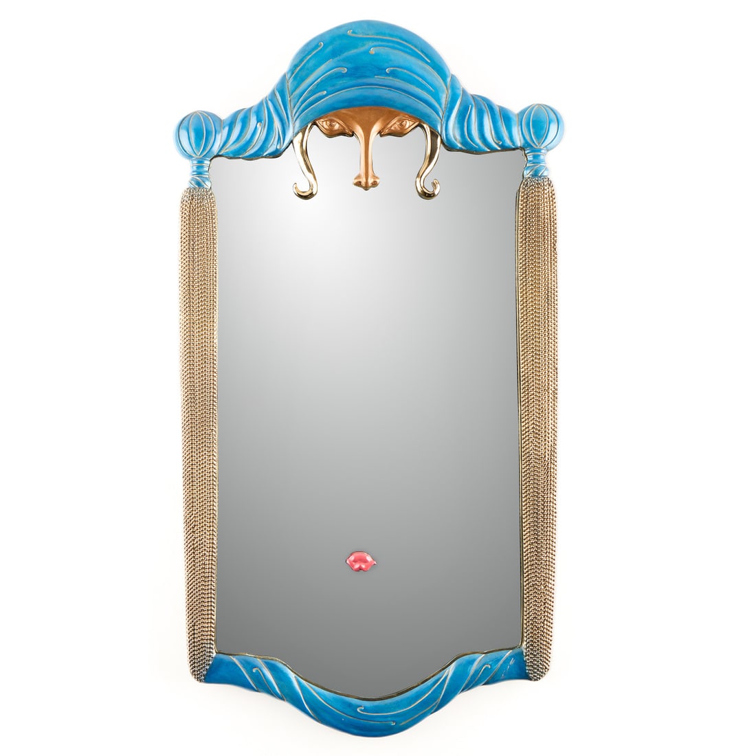 Erte "Scheherazade" Art Deco Bronze Wall Mirror: Erte (Romain de Tirtoff) (French/Russian, 1892-1990). Cold painted bronze wall mirror in the "Scheherazade" style designed by Erte, manufactured by R.K. Parker, 1985. Depicting a polished bronze woman