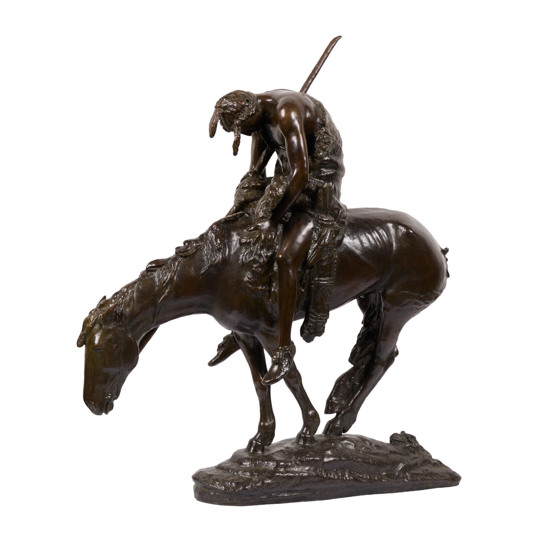 After James Earle Fraser "End of the Trail" Bronze: After James Earle Fraser (American, 1876-1953). Bronze sculpture titled "End of the Trail," early 20th century. Depicting an exhausted Native American figure with lowered head and tattered clothing on