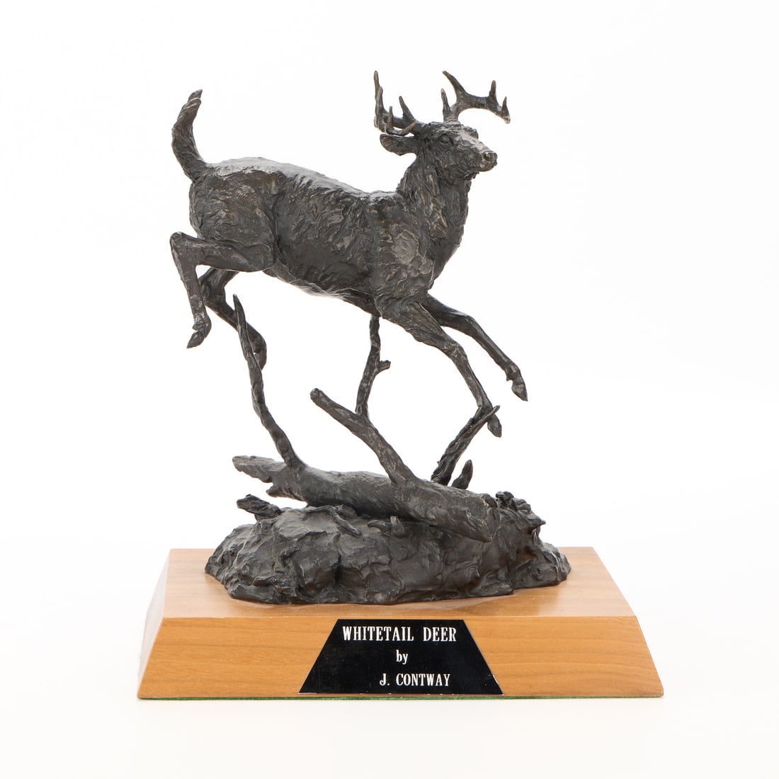 Jay Contway “Whitetail Deer?? Bronze Sculpture 1979: Jay Contway (American, 1935-2019). Bronze sculpture titled "Whitetail Deer," 1979. Depicting a prancing deer atop a habitat form base. With incised signature, date, and editioned 22/50 along the lower