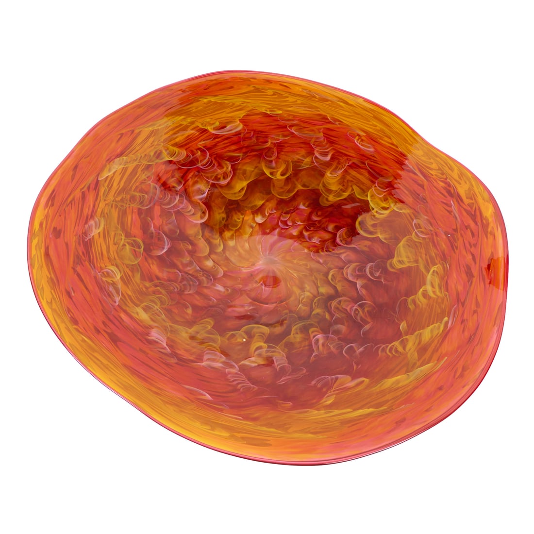 Lrg Scott Hartley Orange Art Glass Bowl 2023: Scott Hartley (American, 20th/21st century). Large hand-blown art glass bowl, 2023. Featuring undulating swirl patterns of red and orange, creating a dynamic flame-like movement throughout. Etched sig