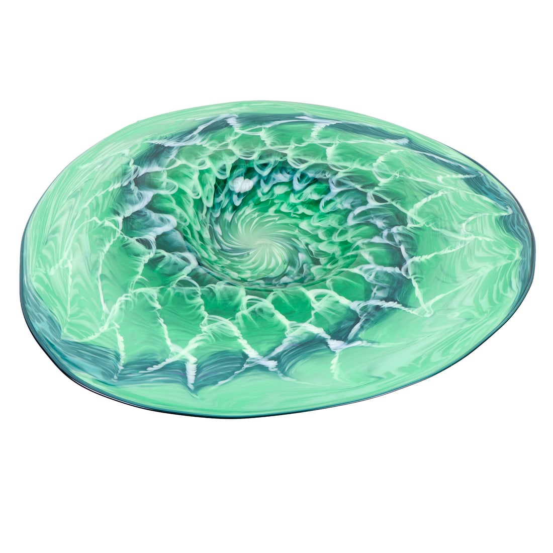 Lrg Scott Hartley Green Art Glass Bowl 2014: Scott Hartley (American, 20th/21st century). Large hand-blown art glass bowl, 2014. Featuring fluid, organic rippling contours of emerald green and seafoam green accented by delicate white veining. Et