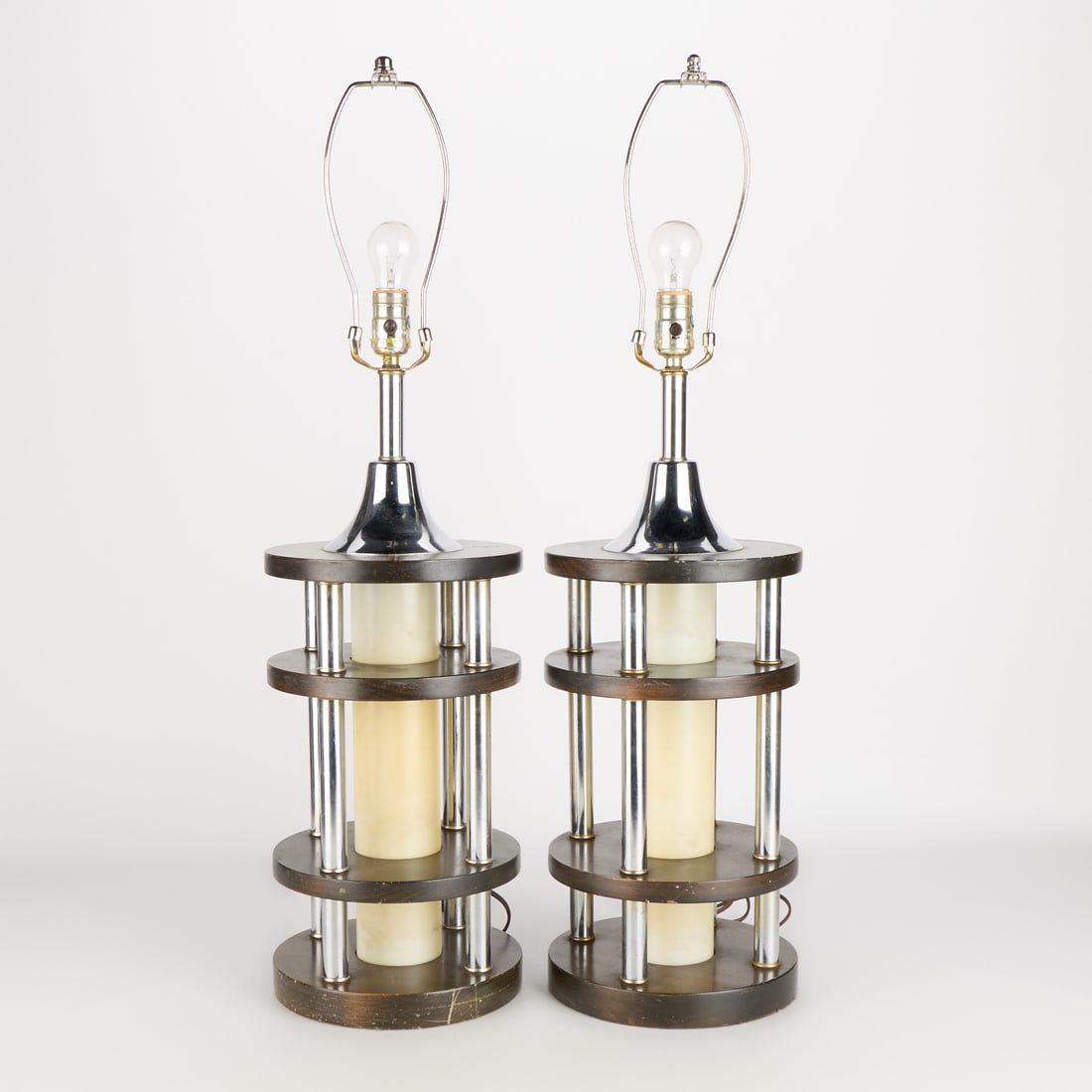 Pr Art Deco Chrome & Wood Cylinder Lamps ca. 1940s (1 of 6)