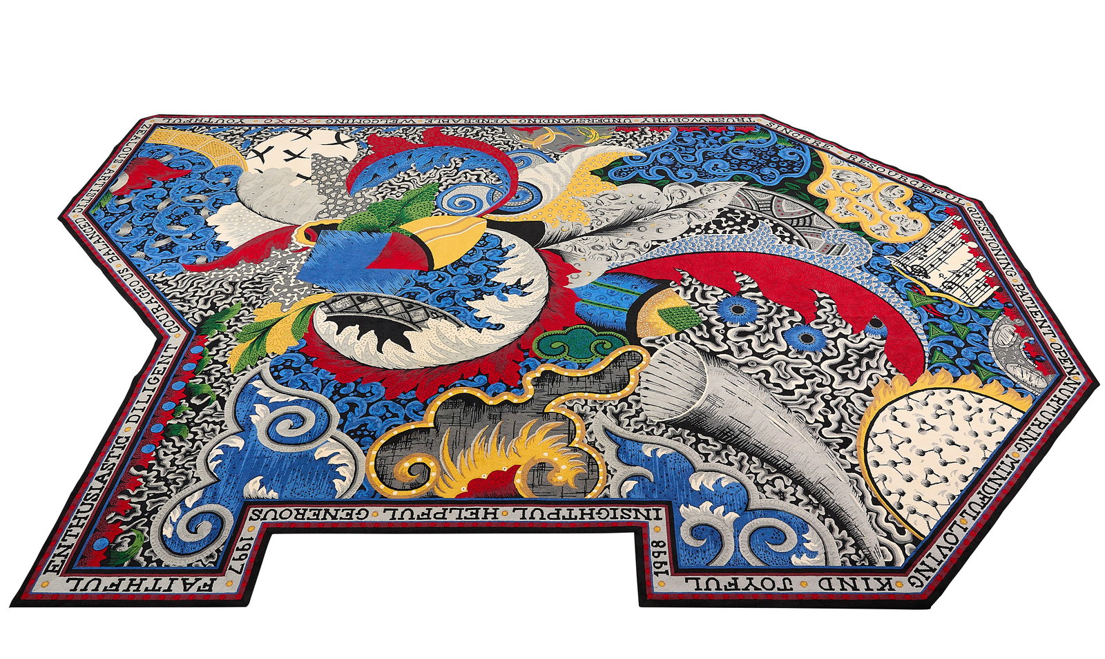 Richard Rehl Irregular Polygon Rug 22'9"x15"8': Richard Rehl (American, 1960-2017). Large irregular polygon rug, 1997-1998. Designed by the artist and manufactured in Thailand. Dated along two shorter edges. The lot includes a rug sample in additio