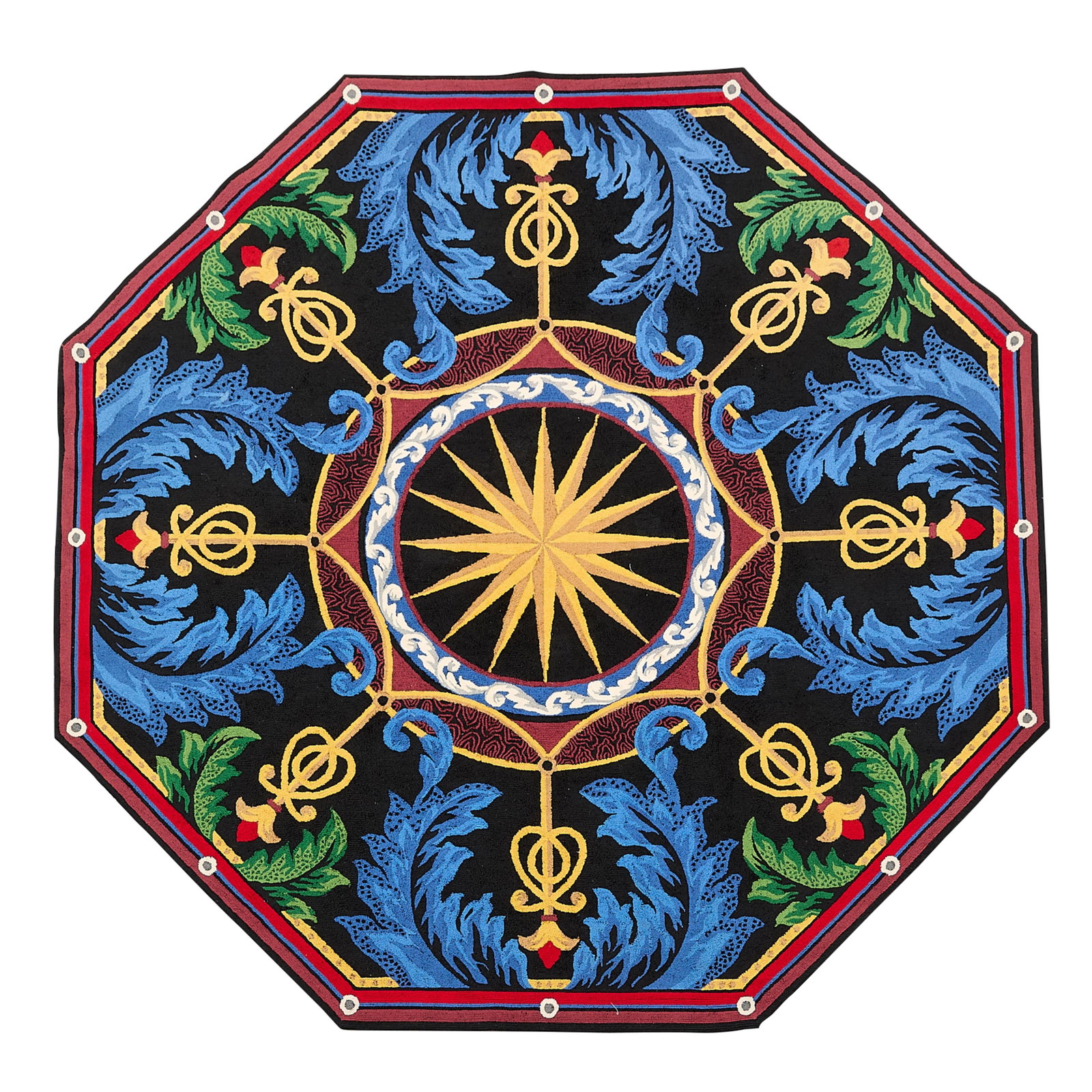Richard Rehl Octagon Pictorial Area Rug 8'4"x8'4": Richard Rehl (American, 1960-2017). Large wool pictorial area rug of octagonal form, 20th century. Designed by the artist and manufactured in Thailand. The carpet with central field depicting a star m