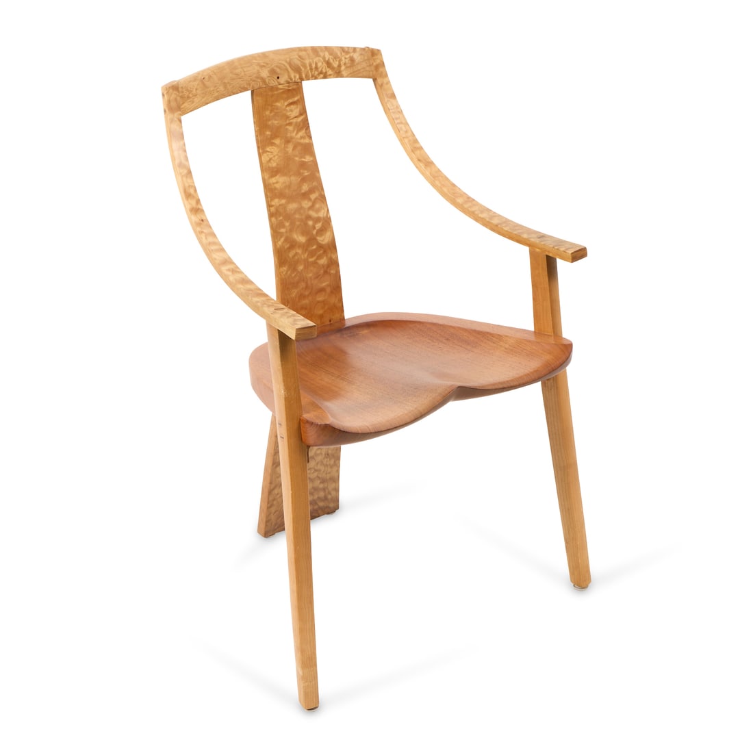 Robert Erickson Studio "Van Muyden" Armchair 1992: Robert Erickson (American, b. 1947). Studio carved and bentwood "Van Muyden" model arm chair, 1992. The splat and arms composed of quilted pacific big-leaf maple wood, with billowing and lustrous grai
