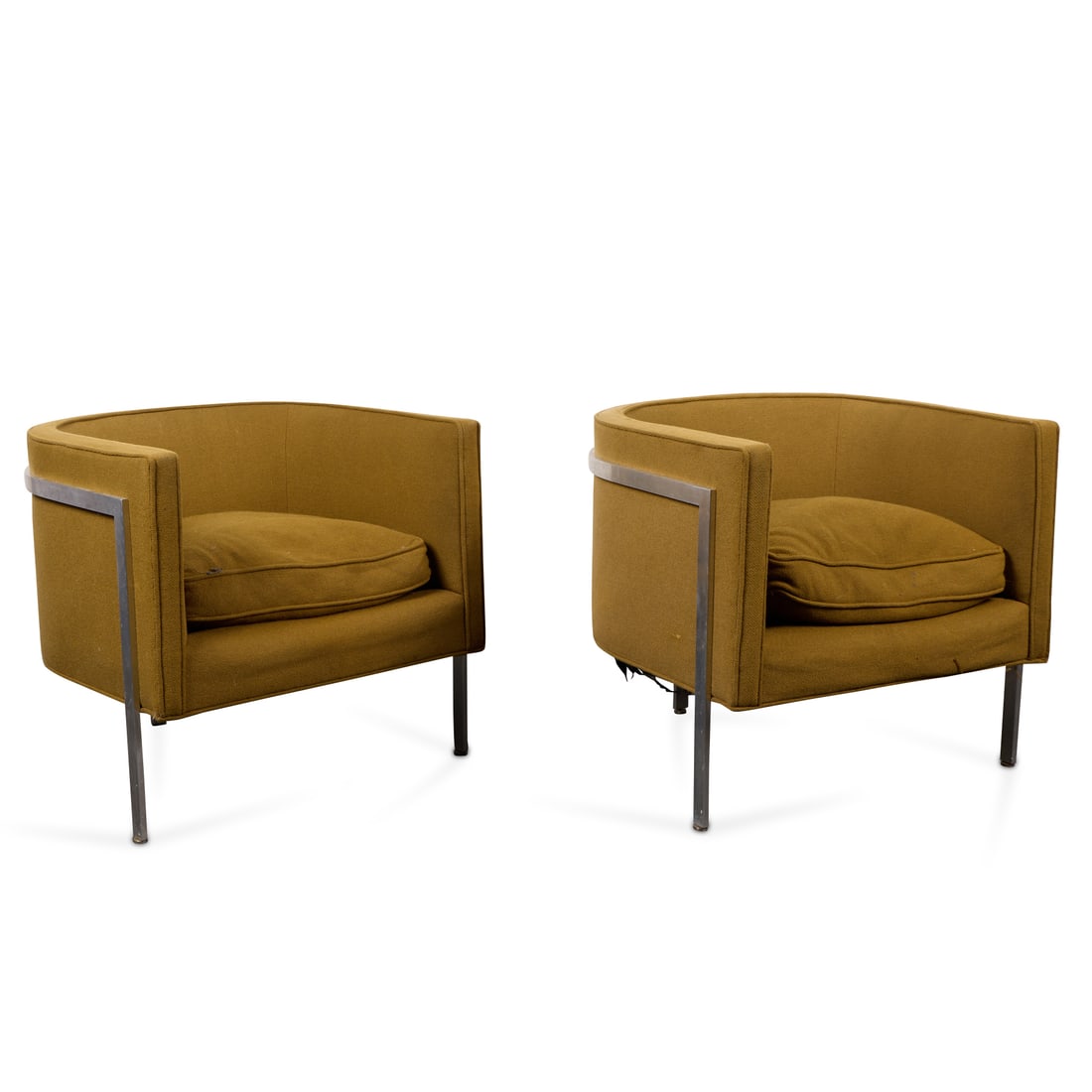Pr Harvey Probber MCM Rounded Lounge Armchairs: Harvey Probber Inc., United States. Pair of mid-century modern lounge armchairs of rounded form, ca. 1960s. With mustard yellow upholstery and sculptural tripod chrome frames. One with a manufacturer'