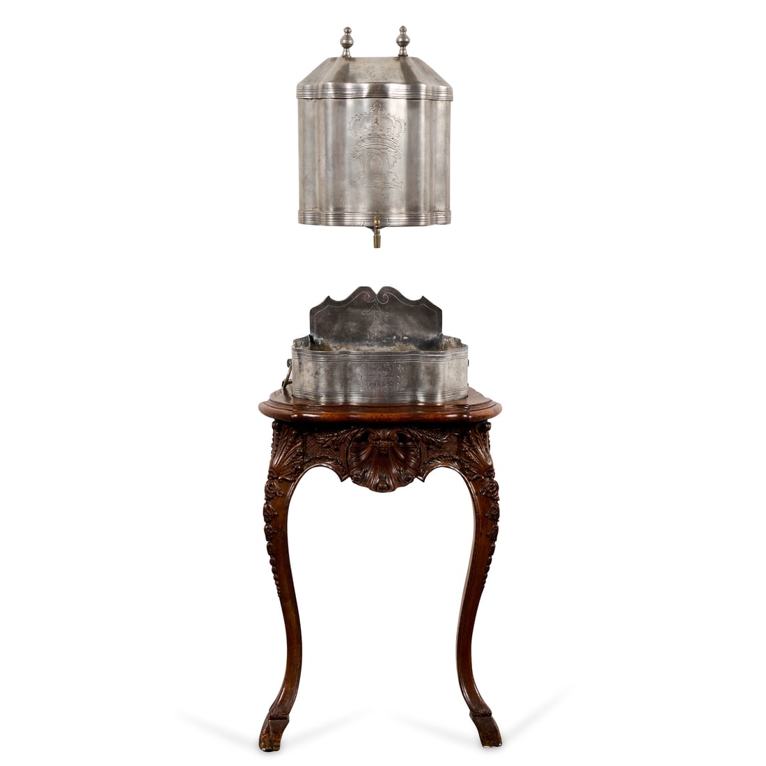 18th c. French Louis XV Pewter Lavabo Fountain: 18th-century French Louis XV-period pewter lavabo wall fountain with brass spout or spigot. The basin resting above a walnut console table with cabriole legs and carved apron. (Water reservoir) Height