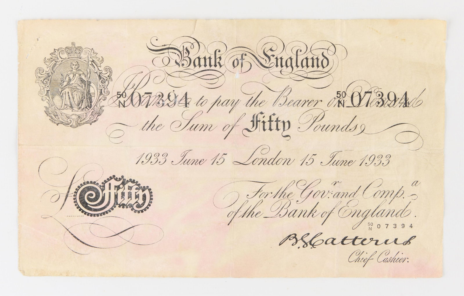 Bank of England 50 Pound Note 1933: Bank of England fifty pound note dated June 15, 1933. Printed signature of Chief Cashier Basil G. Catterns. Fifty pounds is equivalent to about 4,500 pounds in 2025's purchasing power. Height: 5 in x 