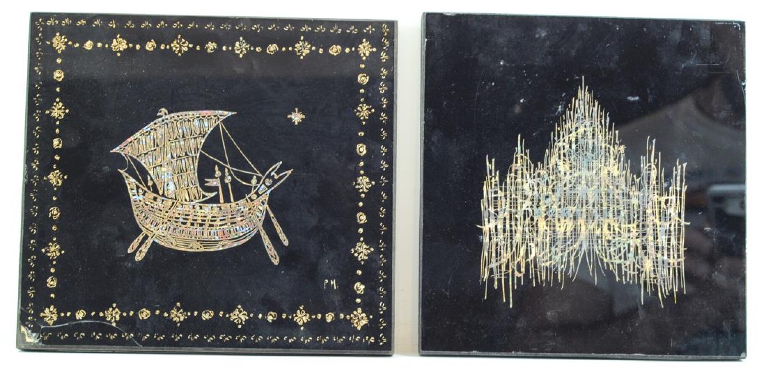 Paula Mautner, lot of 2 works: Paula Mautner, lot of 2 works, mixed media: drawing and painting on glass mounted on wooden plaque: 1. Ancient rowing boat, flaw to left bottom corner, signed (initials and signature on the reverse), 