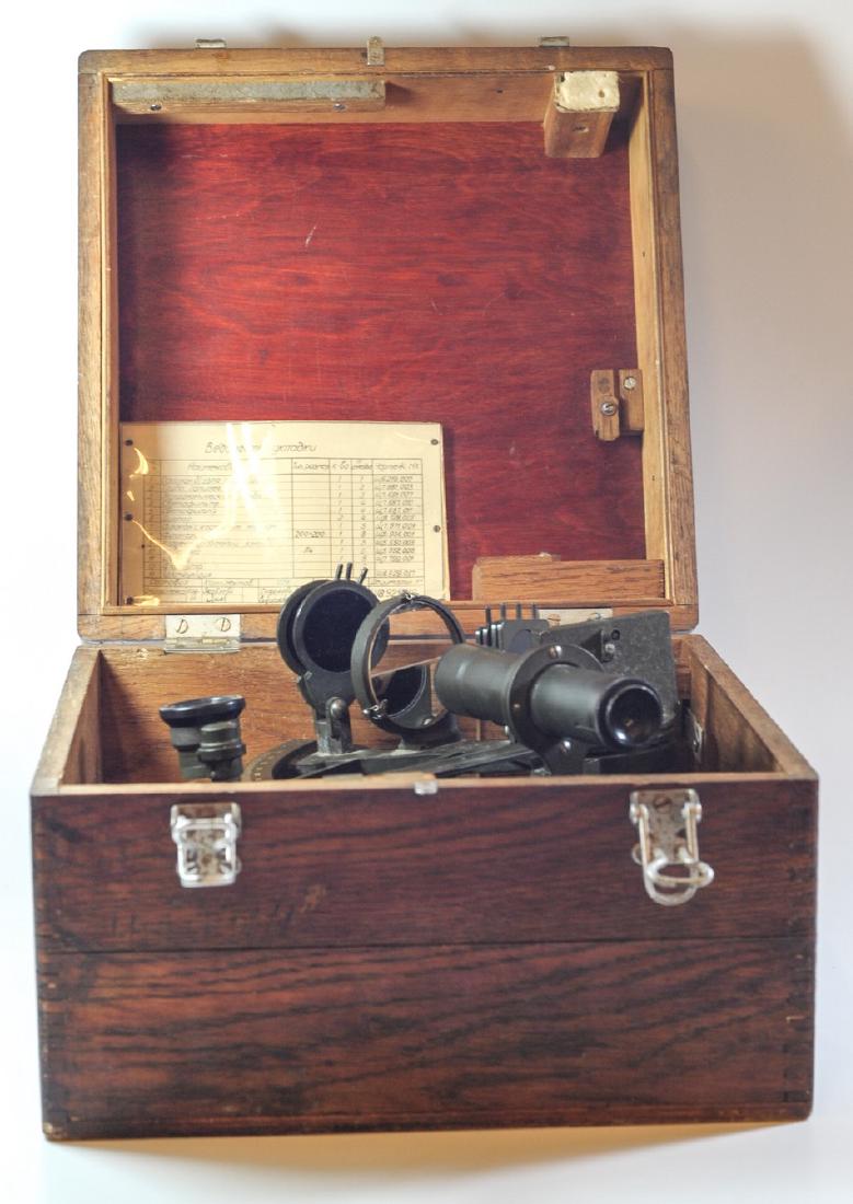 Old Soviet sextant (naval navigation instrument): Old Soviet sextant (naval navigation instrument), comes in original wooden case, dated 1956. Dimensions of box: 29X29X20 cm.