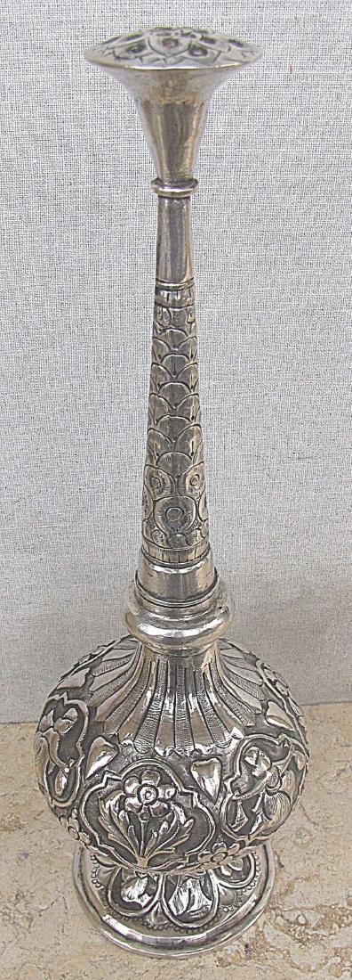 Indo Persian Antique Silver Rosewater Sprinkler Bottle,: Indo Persian Antique Silver Sterling Rosewater Sprinkler Bottle, 252gr. This rosewater sprinkler is decorated with high relief, figures and floral designs. Hand crafted. Chased. Hammered. Engraved. 19