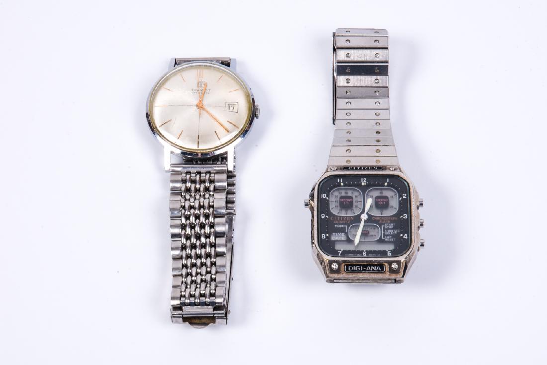 Lot 2 vintage watches for men: Lot 2 vintage watches for men, including: 1. Tissot product, white metal plate with line numbers, date, metal strap (probably not original), reasonable wear and scratches, not in working condition, 2.