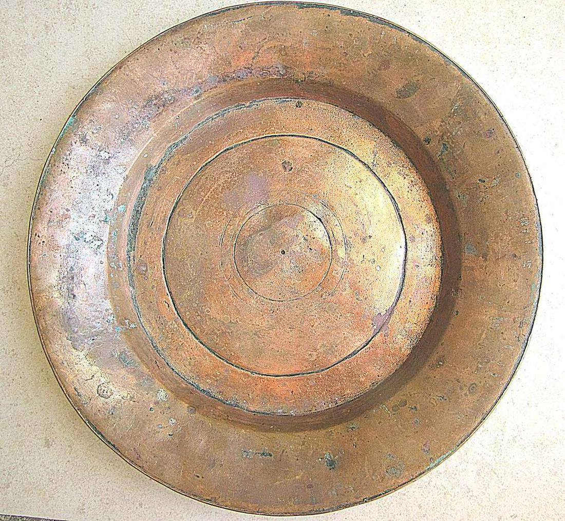 Turkish Ottoman Antique Islamic Copper Plate /Tray: Turkish Ottoman Antique Islamic Copper Plate Tray, Signed, 1725, Engraved Hammered 1725, Islamic 1103, Copper Plate /Tray Signed in Arabic Hand crafted. Hammered. Upper diameter: 29 cm. (11.4 inches)