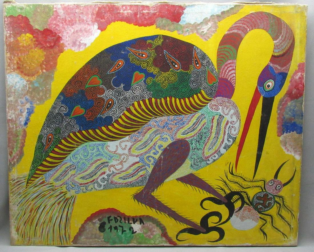 Francisco Chico Da Silva (Brazil, 1910-1985), Bird: Francisco Chico Da Silva (Brazil, 1910-1985), Bird, oil on canvas, signed and dated 1972, measurements: 62X73 cm. Abrasions and light wear adjacent to the painting's edges.